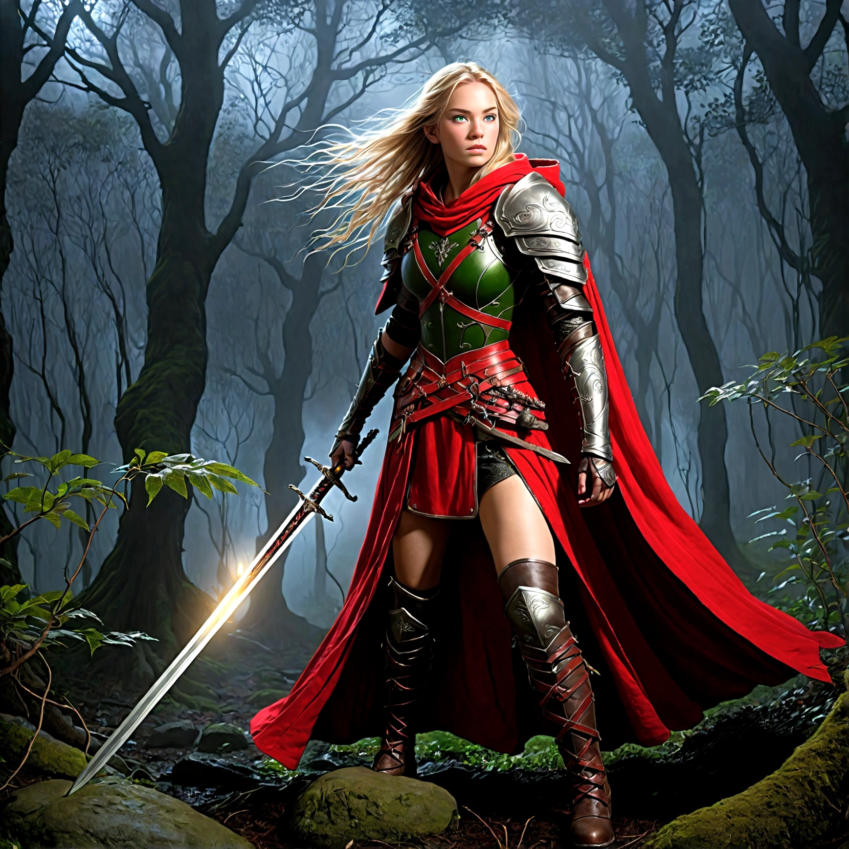 fantasy art, RPG art, Dark fantasy art, ultra wide shot, RAW, photorealistic, a picture of (1single: 1.5) female human ranger, the ranger, an exquisite beautiful human woman, long blond hair, braided hair, green eyes, wearing leather armor, wearing (red cloak: 1.1), armed with a (sword: 1.3), wearing laced boots, standing in a dark forest at night, (mist rising from the grounds: 1.3), a sense of dread and fear, yet she stands defiant and fearless, dark fantasy forest background, best quality, 16k, [ultra detailed], masterpiece, best quality, (ultra detailed), full body, ultra wide shot, photorealism, Sword and shield, dark novel