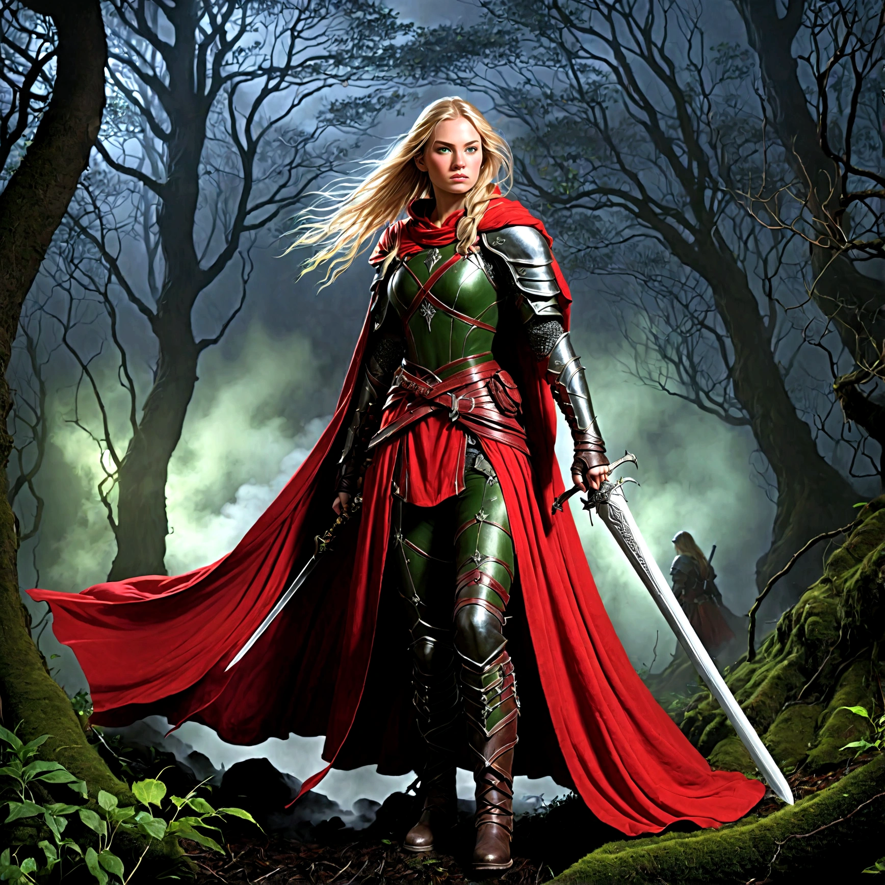 fantasy art, RPG art, Dark fantasy art, ultra wide shot, RAW, photorealistic, a picture of (1single: 1.5) female human ranger, the ranger, an exquisite beautiful human woman, long blond hair, braided hair, green eyes, wearing leather armor, wearing (red cloak: 1.1), armed with a (sword: 1.3), wearing laced boots, standing in a dark forest at night, (mist rising from the grounds: 1.3), a sense of dread and fear, yet she stands defiant and fearless, dark fantasy forest background, best quality, 16k, [ultra detailed], masterpiece, best quality, (ultra detailed), full body, ultra wide shot, photorealism, Sword and shield, dark novel