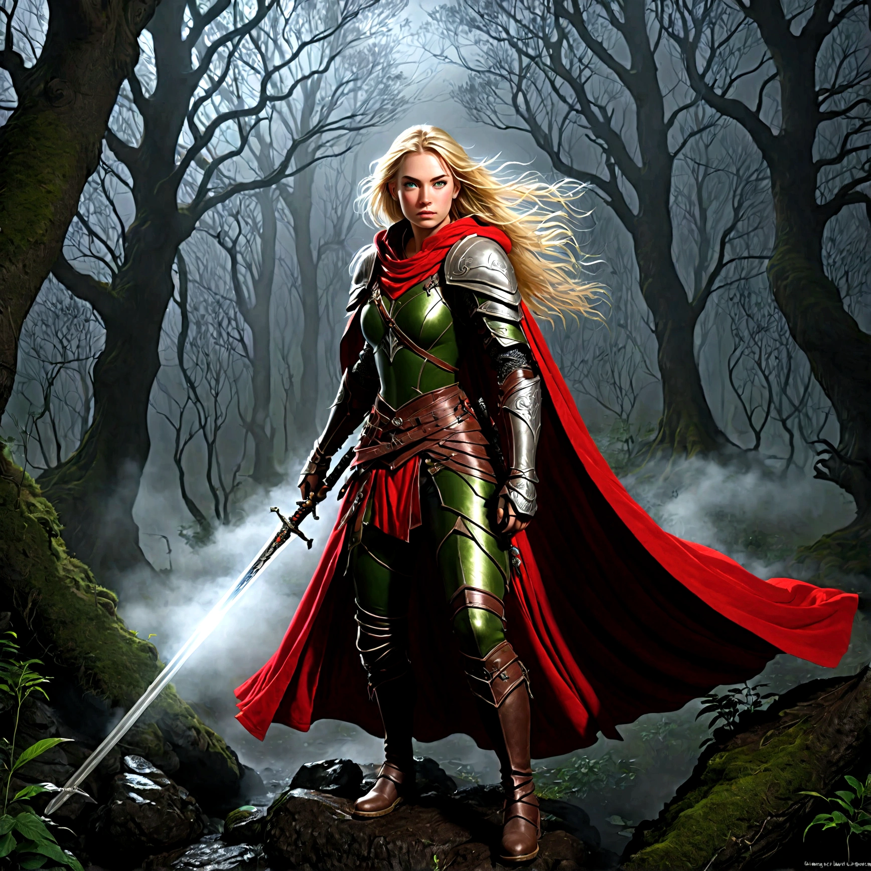 fantasy art, RPG art, Dark fantasy art, ultra wide shot, RAW, photorealistic, a picture of (1single: 1.5) female human ranger, the ranger, an exquisite beautiful human woman, long blond hair, braided hair, green eyes, wearing leather armor, wearing (red cloak: 1.1), armed with a (sword: 1.3), wearing laced boots, standing in a dark forest at night, (mist rising from the grounds: 1.3), a sense of dread and fear, yet she stands defiant and fearless, dark fantasy forest background, best quality, 16k, [ultra detailed], masterpiece, best quality, (ultra detailed), full body, ultra wide shot, photorealism, Sword and shield, dark novel