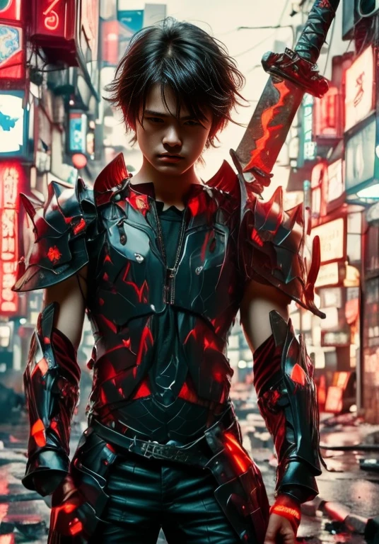 (ultra realistic,32k, masterpiece:1.2),(high detailed skin:1.1),( high quality:1.1),
1boy,(caucasian european), black hair,  with cyberpunk samurai armor,  cute, 18 years old, european caucasian), beautiful decourations, 8k, uhd, masterpiece, katana in the back, kanjis, (metal black armor with red and orange decourations), fire themed armor, light effects