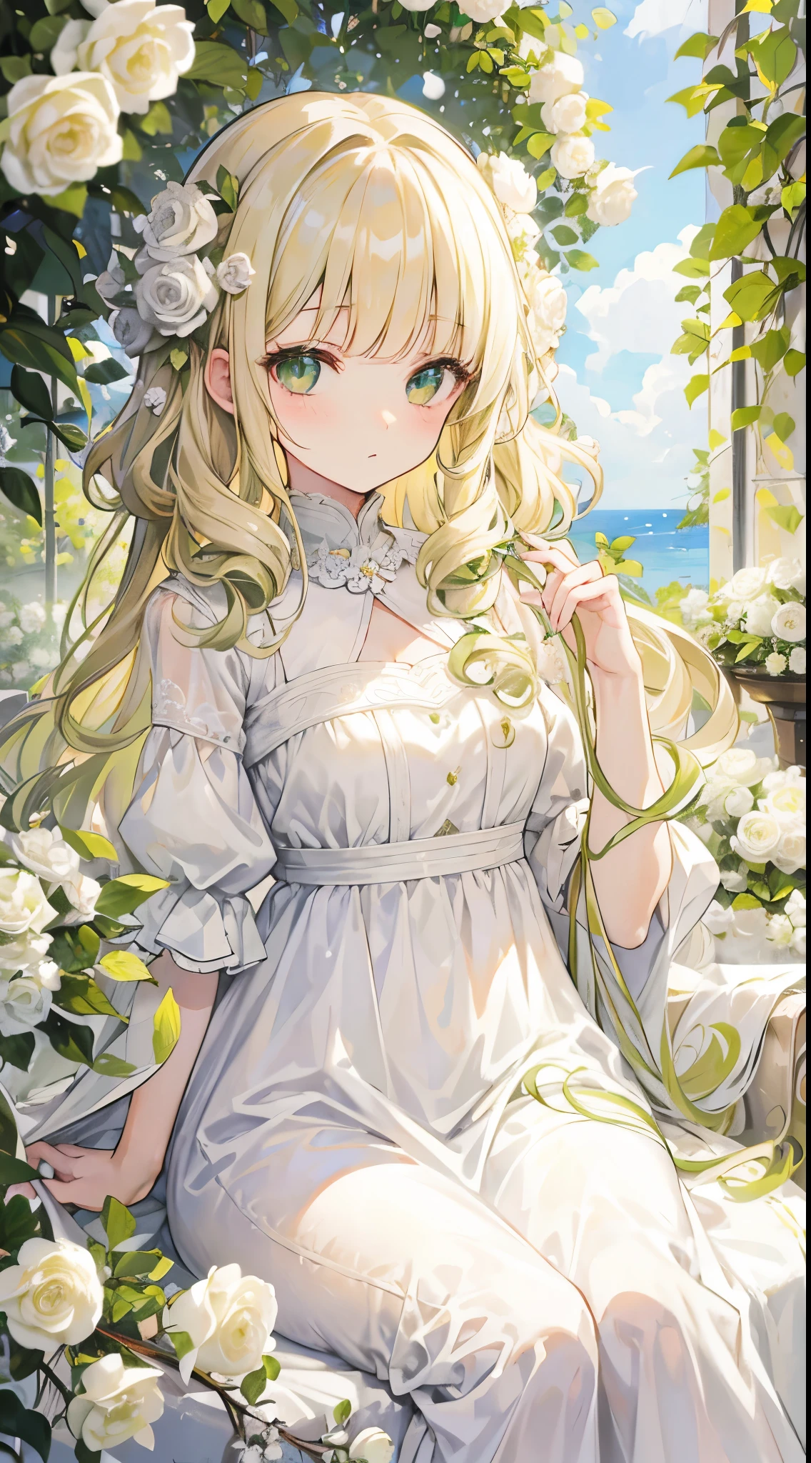 Blonde、Long Hair、Green Eyes、Curly Hair、Curly Hair、Lady、White flower、White Dress、sunlight、Fluffy bangs、((Curly bangs))、masterpiece、Complex composition、Overlooking