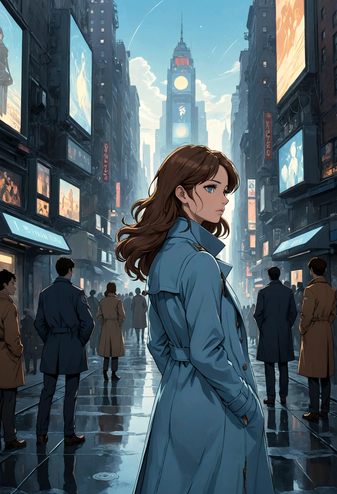 An evocative anime-style illustration of a beautiful British woman with semi-long brown hair, wearing a light blue coat and dark pants. She stands with her back on the bustling streets of New York, her gaze directed to the screens, reflecting a deep feeling of sadness and desolation. At the bottom of the image, the year "URANUS 2324 (Sarocha Chankimha & Rebeca Armstrong)" is inscribed in an elegant metallic silver font, hinting at a futuristic, space-themed setting.