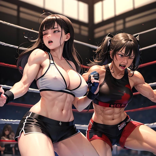 She is cornered in a wire fence, badly beaten by her opponent.dynamic battle action. She is wearing a sports-bra andhigh-leg shorts. Her opponent tries to kill her with a powerful punch. The girls are exhausted. Two young and beautiful Japanese female mixed martial artists are fighting in the octagon. They are smashing their fists against their opponents' bodies. They are covered in blood. Their mouths open, drooling, one eye closed, gasping for air. They are sweating profusely. Short-cut black hair. Open finger gloves. Erect nipples. Super big tits. Muscular. Six pack abs. Very thick arms and thighs.