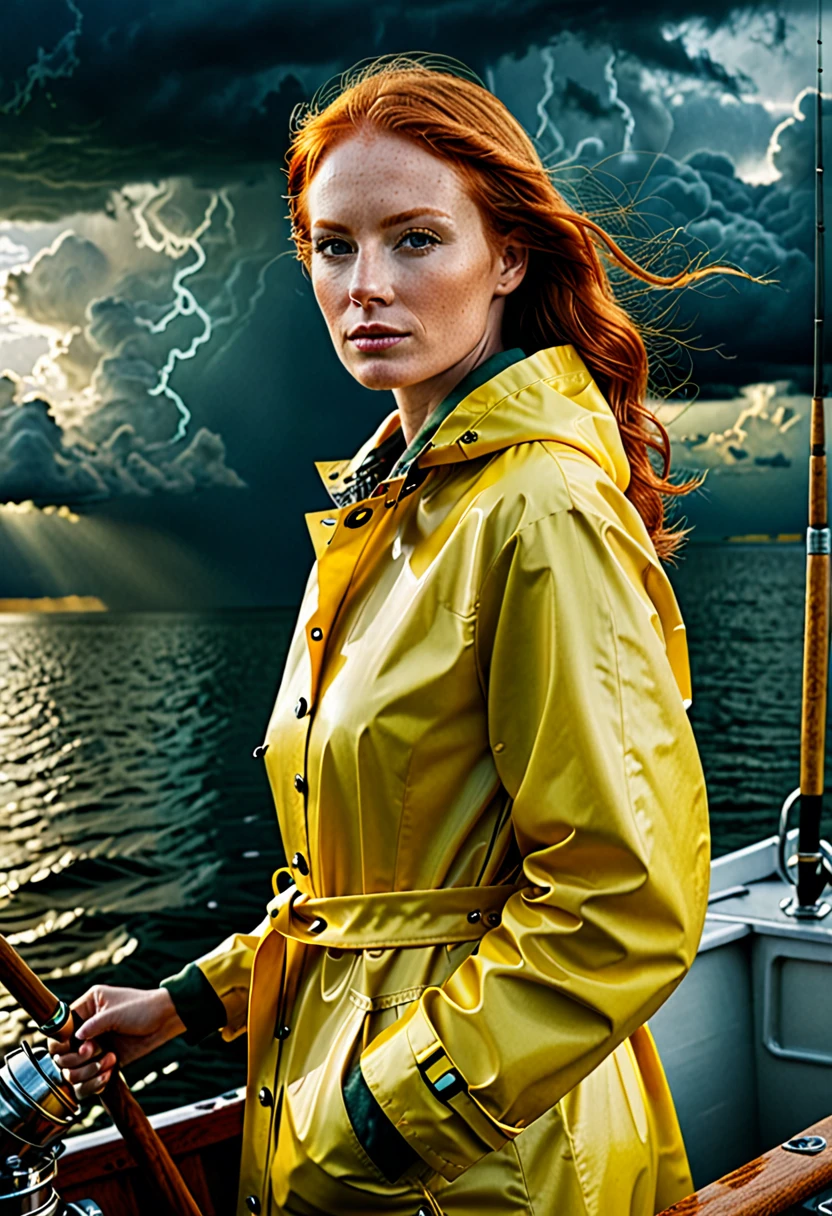 (masterpiece:1.2), best quality, photo of beautiful female fisherman, gingerhair, 40yo, wearing yellow raincoat, (on fishing boat:1.3), dark clouds, Photorealistic, Hyperrealistic, Hyperdetailed, analog style, hip cocked, demure, low cut, detailed skin, matte skin, soft lighting, subsurface scattering, realistic, heavy shadow, masterpiece, best quality, ultra realistic, 8k, golden ratio, Intricate, High Detail, film photography, soft focus