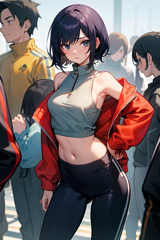Slender beauty、Westmark、Curved waist、Sleeveless knitwear、Belly button、Sporty、Layered Camisole、Put on a tracksuit、Crowded with people、Sweaty、Zip Up、layered fashion、Cut and sew、tights、spats、