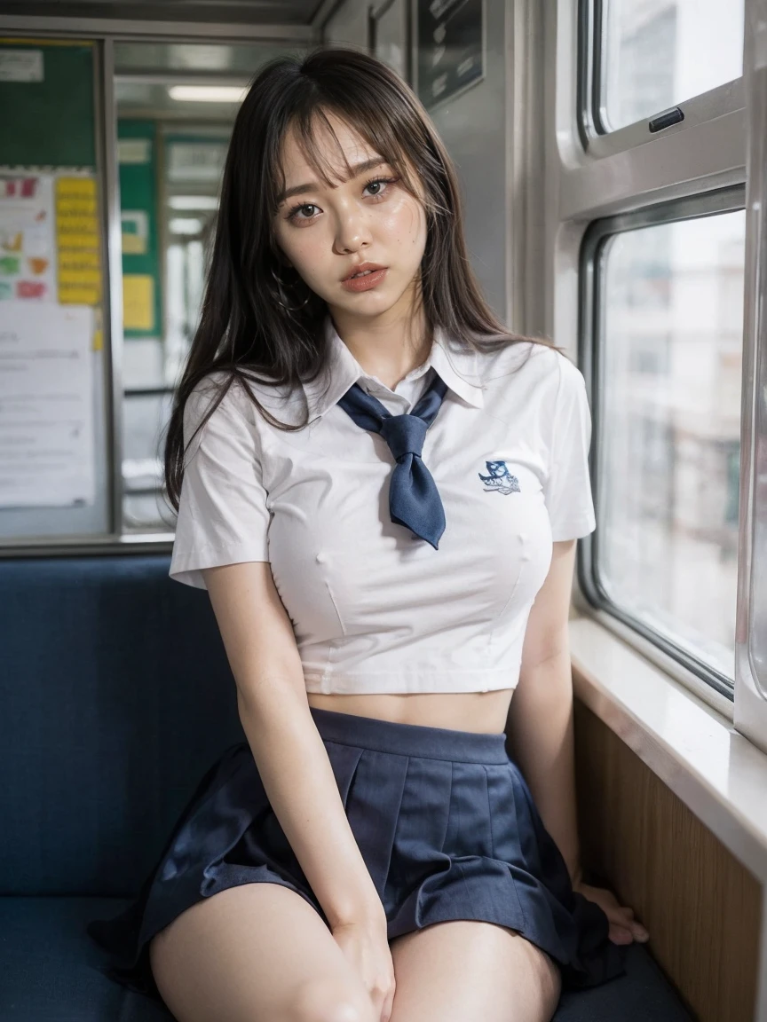 Inside the train、Inside the trainに1人、Sitting、Spread your legs、high school girl、((school uniform:1.5))、Sexy、(masterpiece、highest quality、8K)、Alone、((Medium Perm Hair、Slender body、Moderately large breasts、Big and beautifully shaped butt、Waistline))、I can see my belly button、I can&#39;t look directly at the nipples、((Know the shape of your nipples))、((Panties with detailed lace))