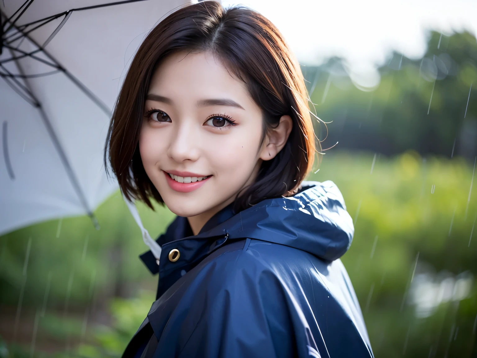 The sun shines, a beautiful girl with large eyes, a sharp nose, and thick lips with a sad smile in the background of the rain. The girl is looking back. She is wearing a Korean idol image, a navy blue raincoat. Brown short hair, brown eyes, and Super Realistic image