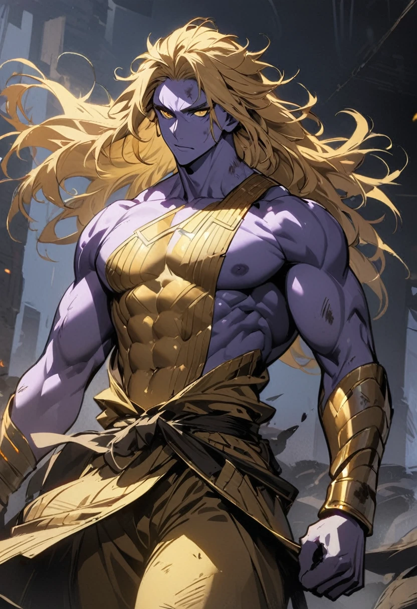 8K resolution, Very detailed, Digital painting, Concept art, highest quality, Best quality, One, beautiful, 1 man, purple skin, with sports body, embossed body, large body, wide shoulders, gold karate shape, short hair, long hair, dirty hair, wild hair, golden hair (blond hair), bright golden eyes (golden eyes), light eyes, white threads, black light