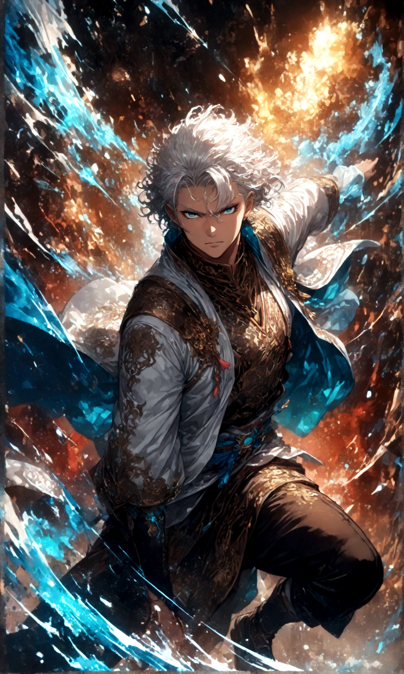 (1 male,gabimaru,wavy hair,white hair,White ninja outfit,Gabimaru is a slim androgynous man),Midori Ishida's painting style,Intricate details,Use black and white as your main colors,Decadent,artwork,rendering,Dynamic pose,(masterpiece:1.3),(highest quality:1.4),(Super detailed:1.5),High resolution,Very detailed,unity 8k wallpaper,Dark fantasy,Brush strokes,Glare,Fighting Style,