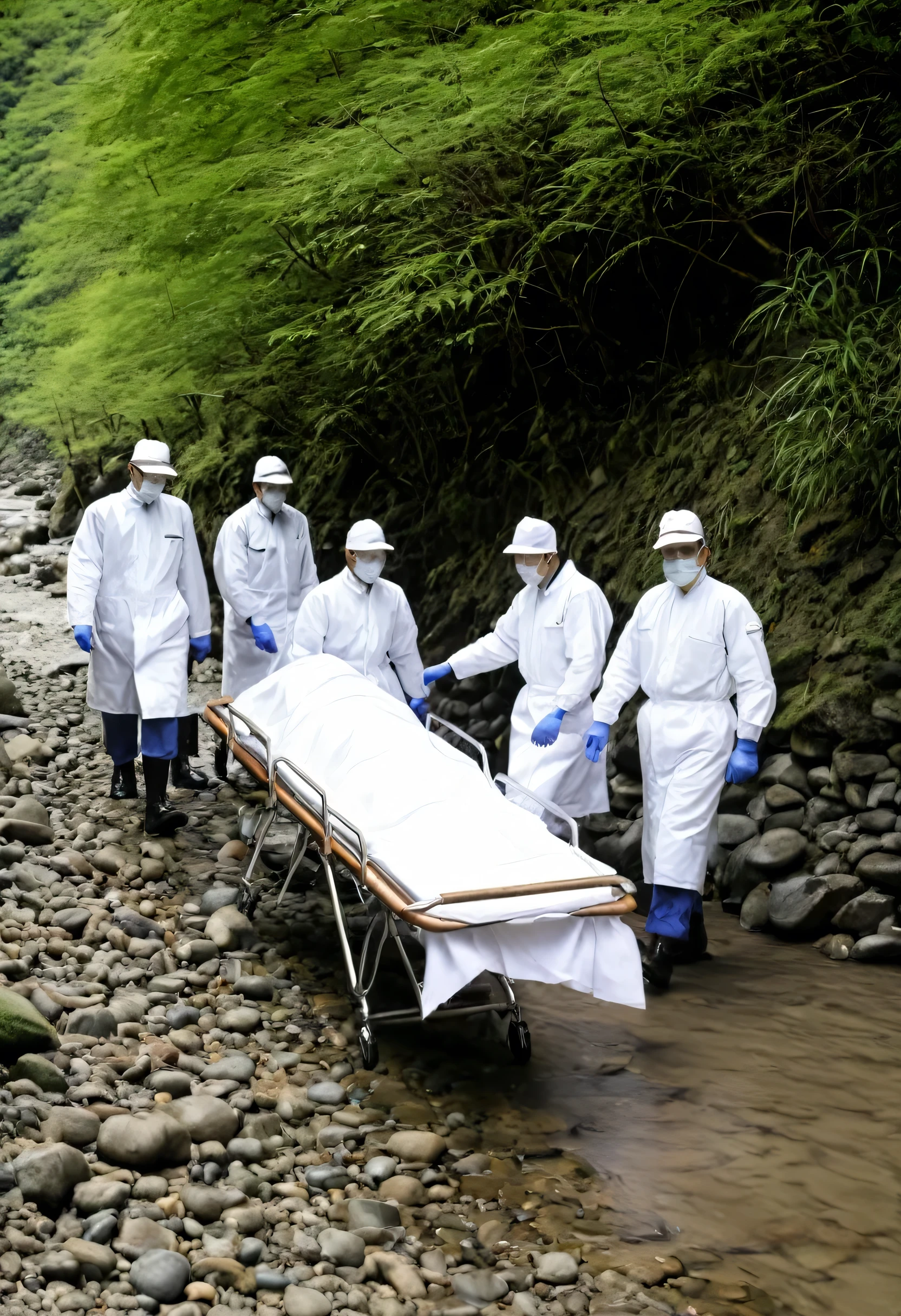 A forensic scientist in a white coat carrying a body on a stretcher after it was pulled from a river in the valley.、Corpse on a stretcher covered with a white sheet、Japanese officials walk around the stretcher.、