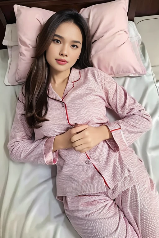 (pp clothes), (realistic), girl, wear pajamas, wear panty, showing her panty, show underwear, sleeping on the bed, lying on the bed, wear underwear, visible underwear, Indonesian face, bedroom situation,