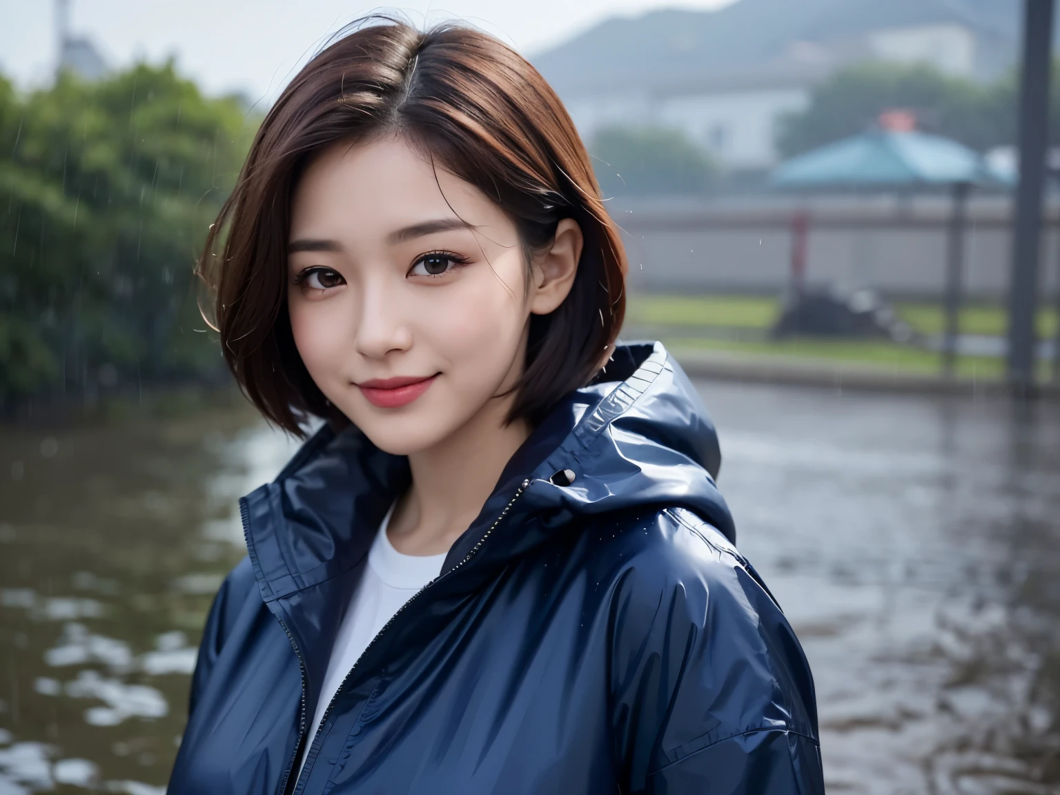 The sun shines, a beautiful girl with large eyes, a sharp nose, and thick lips with a sad smile in the background of the rain. The girl is looking back. She is wearing a Korean idol image, a navy blue raincoat. Brown short hair, brown eyes, and Super Realistic image