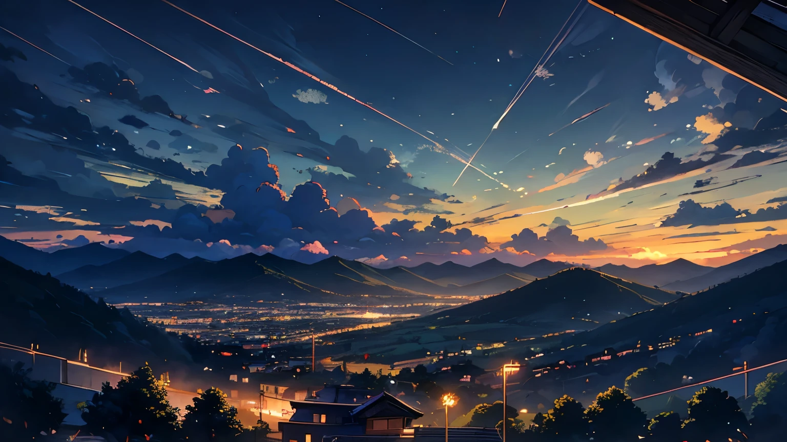 Anime Style，evening，eveningの空，Mountain々，Surrounded by clouds，Green fields and forests，Beautiful sky，Beautiful views