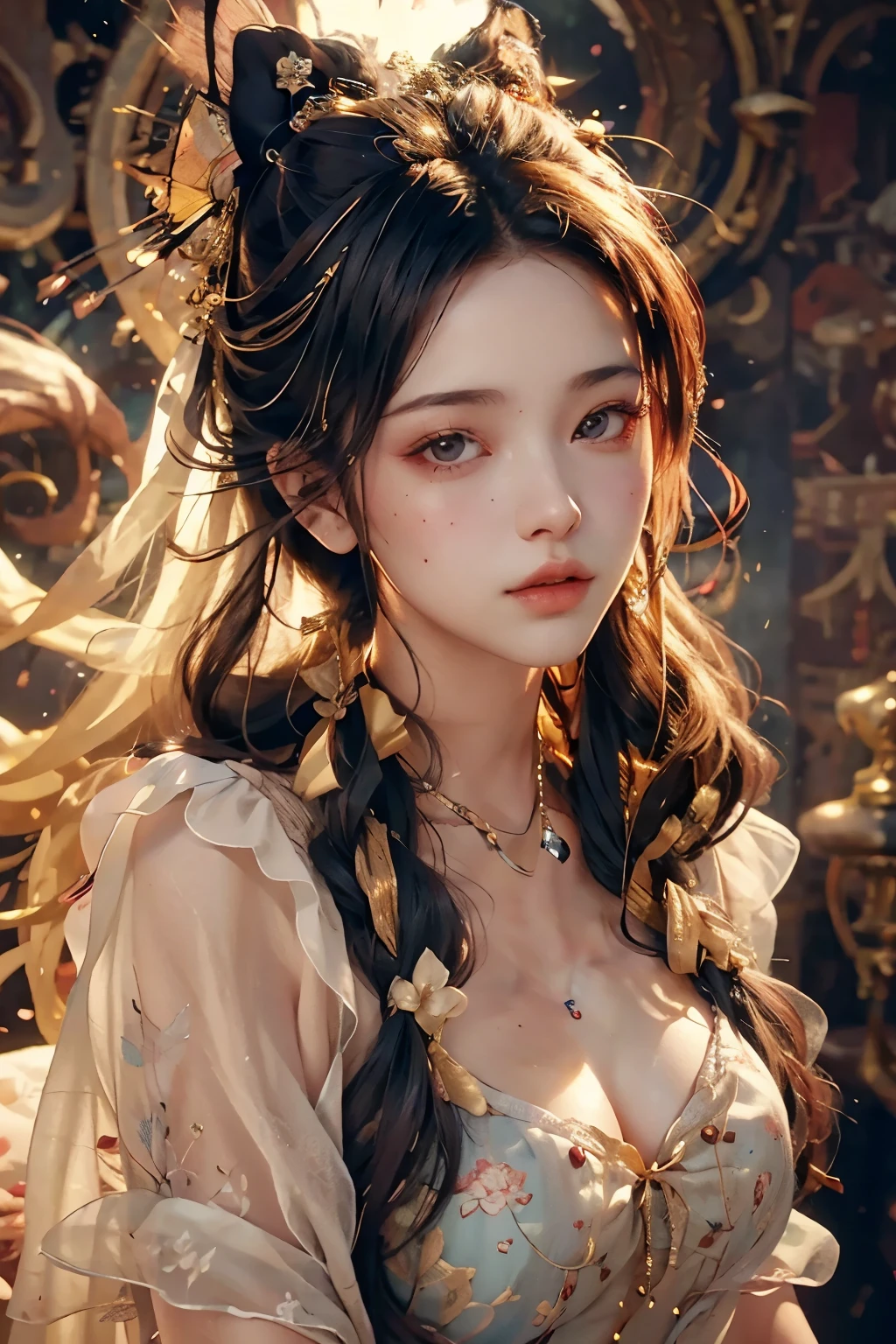 (RAW Photo, Best Quality), (Realistic, Photo Realistic: 1.3), Best Quality, Highly Detailed, Masterpiece, Hyperdetail, Illustration, 1 Girl, upper_body, Dynamic Angle, World Masterpiece Theater, messy_long_hair, Best Quality, Extremely Detailed CG Unified 8k Wallpaper,This charm will seduce any man.,Beautiful nipples, Ink, Amazing, Cinematic Lighting, lens_flare, Chu Chu Touching
