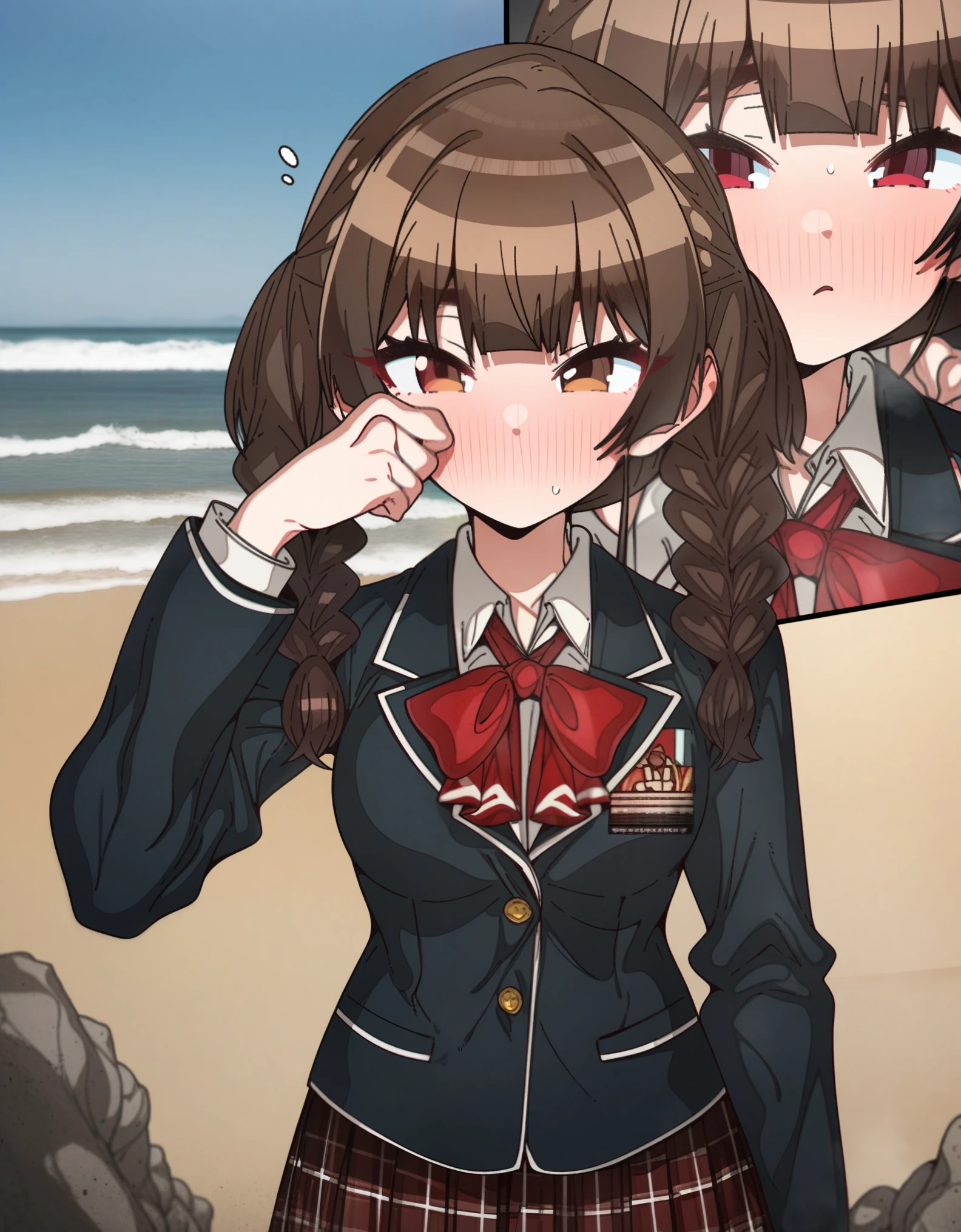 houshou_marine with brown hair and brown eyes, Artist, erere, Copyrights, idolmaster, idolmaster_shiny_colors, Character, General, 1girl, brown_hair, blunt_bangs, blush, medium_breasts, breasts, detailed eyelashes, beatiful girl:1, brown_eyes, censored, school_uniform, black pleated skirt, black blazer, white shirt, red tie, twin_braids, :|:0.5, (full_body) (standing in middle, beach, rocks), sky:0.7, half-closed_eyes, detailed, sand, outdoors, from_side, looking_at_viewer, masterpiece, best_quality, great_quality, girl, solo, center_composition, centered character, cute, rubbing_eyes, sleepy
