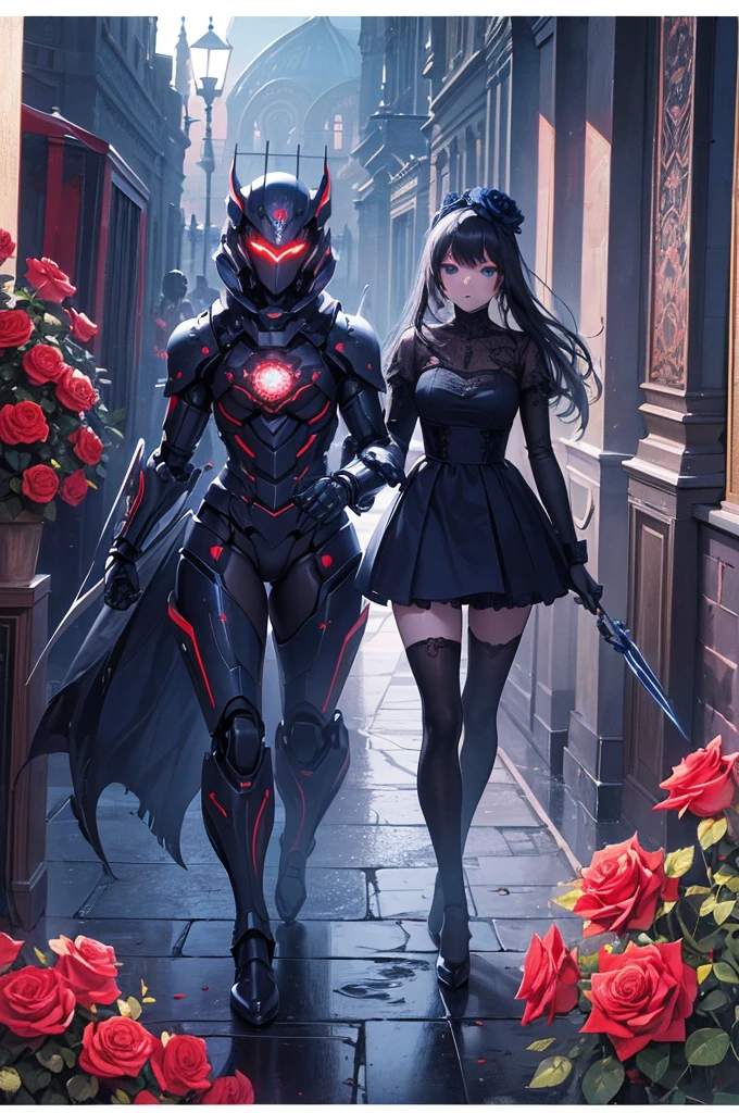 masterpiece,high quality,Super detailed,super fine illustration,8k,dynamic scenes,beautiful background,horror style,robotics,Robot,Night Frame,Blue glowing twin eyes,Double Blade,The emblem is a rose,(beautiful background:Victoria Palace,Roses are blooming all around)