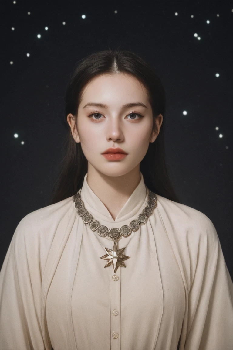 score_9, score_8_up, score_7_up, BREAK,
Close-up of a celestial maiden, her eyes reflecting the constellations, embodying the harmony of the cosmos. She is draped in a garment that blends traditional brocade with futuristic materials, glowing faintly with constellations of its own. Her serene expression, captured under the ethereal glow of twilight, tells stories of celestial journeys. The shot, inspired by the works of Yousuf Karsh, uses dramatic side lighting to sculpt her features and a narrow depth of field to emphasize her contemplative gaze. The background, a blur of ancient script and star maps, adds to the mystique. Shot with a Nikon D850, f/2.8, using natural twilight