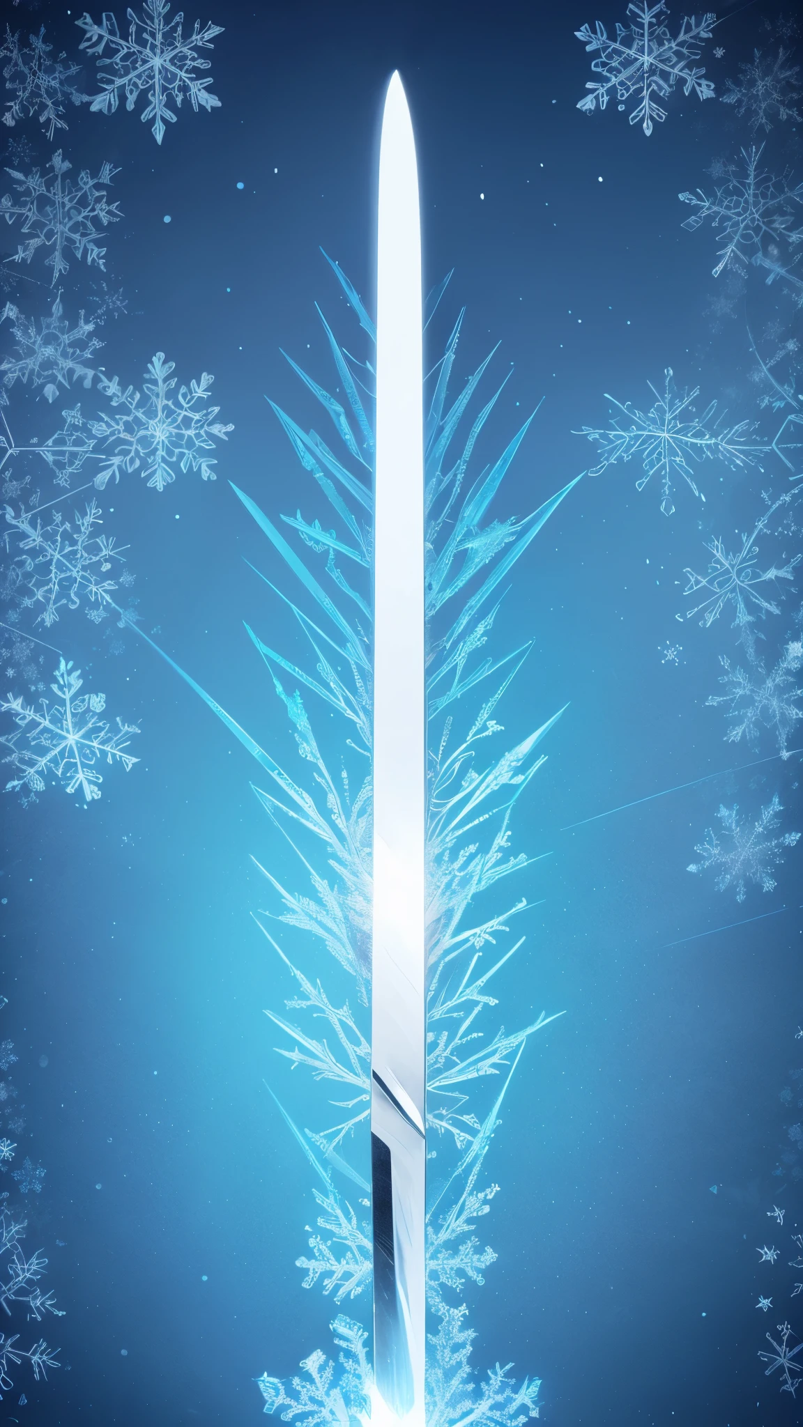 sword, magic, exquisite, snowflake background, (frozen sword)