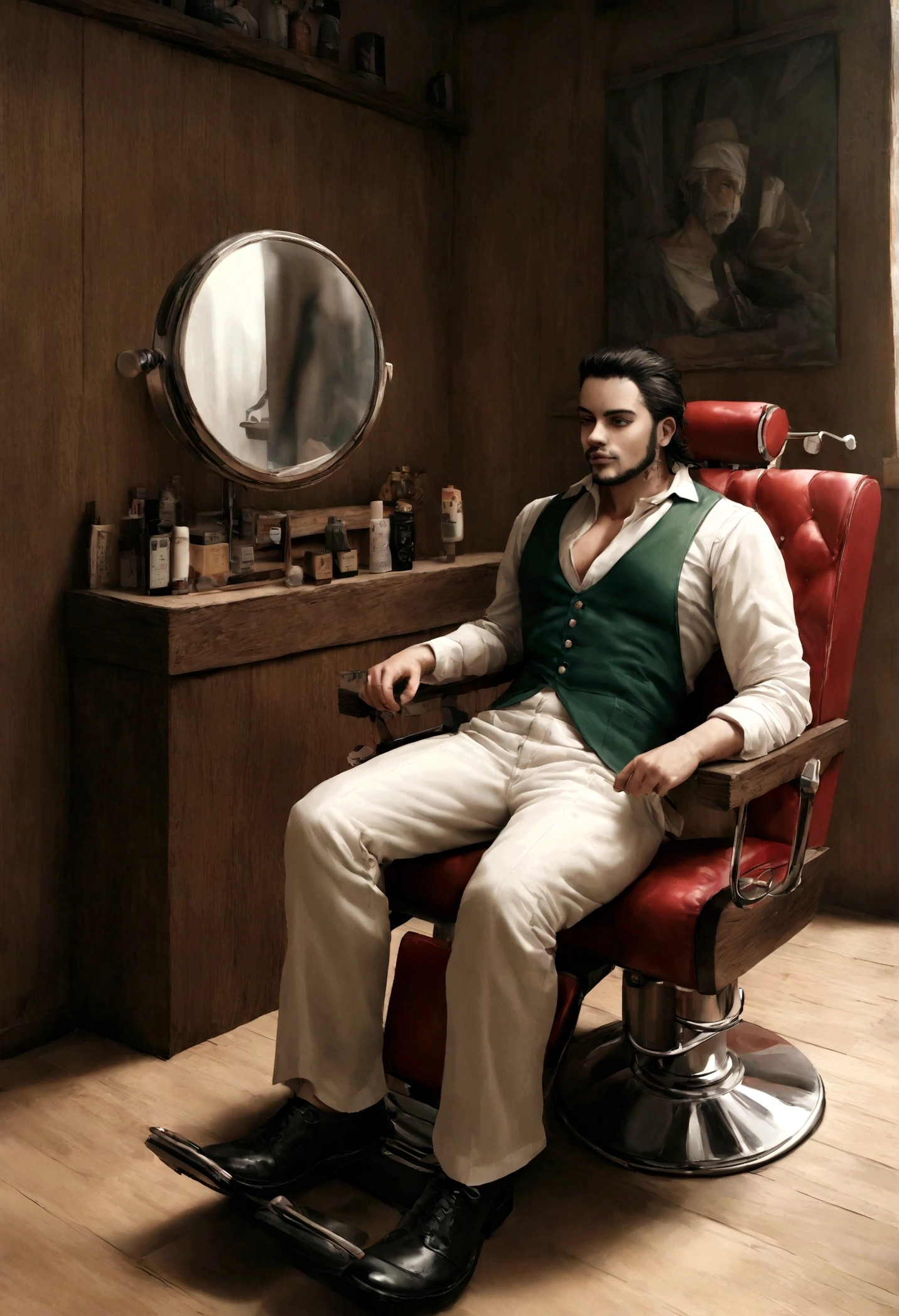 Um barbeiro cortando o cabelo de um cliente, em uma barbearia moderna, com espelhos grandes na parede, in a retro barber chair, rustic wooden waiting benches, piso quadriculado preto e branco, imagem realista, clear image, rustic colors.