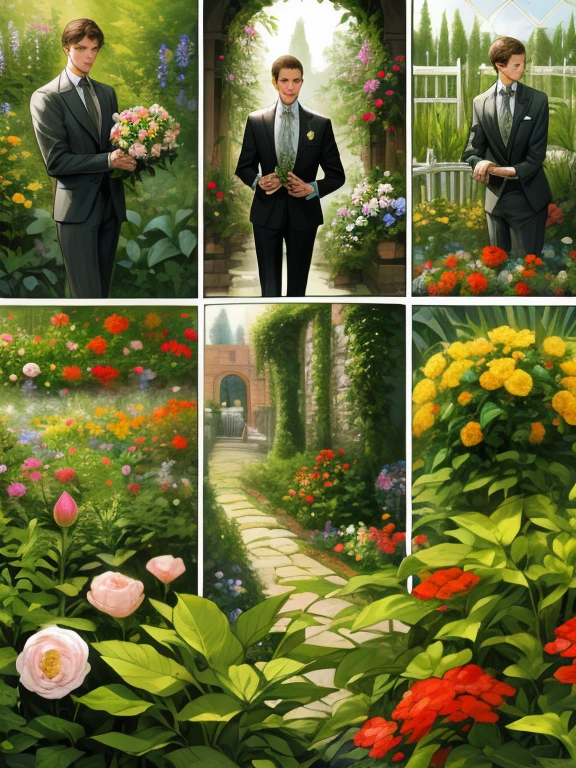 masterpiece, collage of man holding flowers, garden