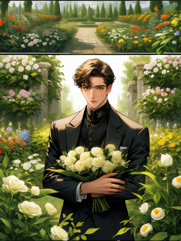 masterpiece, collage of man holding flowers, garden