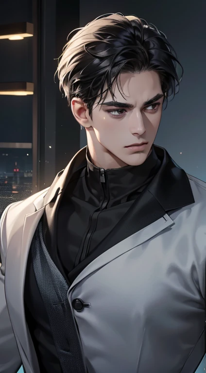 (best quality, masterpiece, 8K, photorealistic, cinematic lighting, hdr image, ultra detailed, beautiful image), 1 man, mature, very handsome, serious expression, short black hair, black eyes, arranging suit