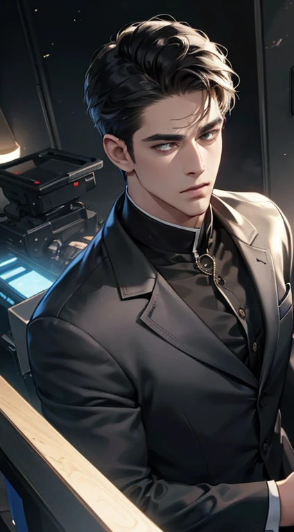 (best quality, masterpiece, 8K, photorealistic, cinematic lighting, hdr image, ultra detailed, beautiful image), 1 man, mature, very handsome, serious expression, short black hair, black eyes, arranging suit