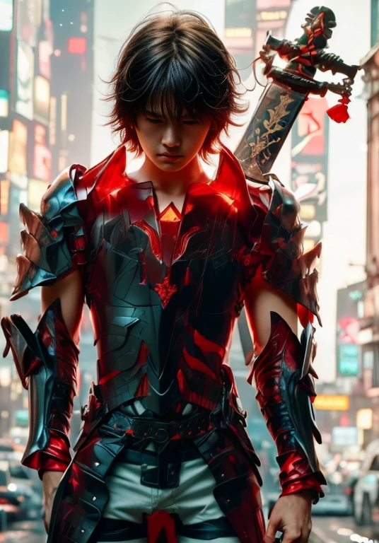 (ultra realistic,32k, masterpiece:1.2),(high detailed skin:1.1),( high quality:1.1),
1boy,(caucasian european), black hair, with cyberpunk samurai armor, cute, 18 years old, european caucasian), beautiful decourations, 8k, uhd, masterpiece, katana in the back, kanjis, (metal black armor with red and orange decourations), fire themed armor, light effects