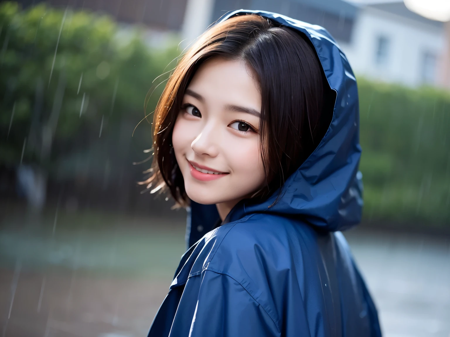 The sun shines, a beautiful girl with small eyes, a sharp nose, and thick lips with a sad smile in the background of the rain. The girl is looking back. She is wearing a Korean idol image, a navy blue raincoat. Brown short hair, brown eyes, and Super Realistic image