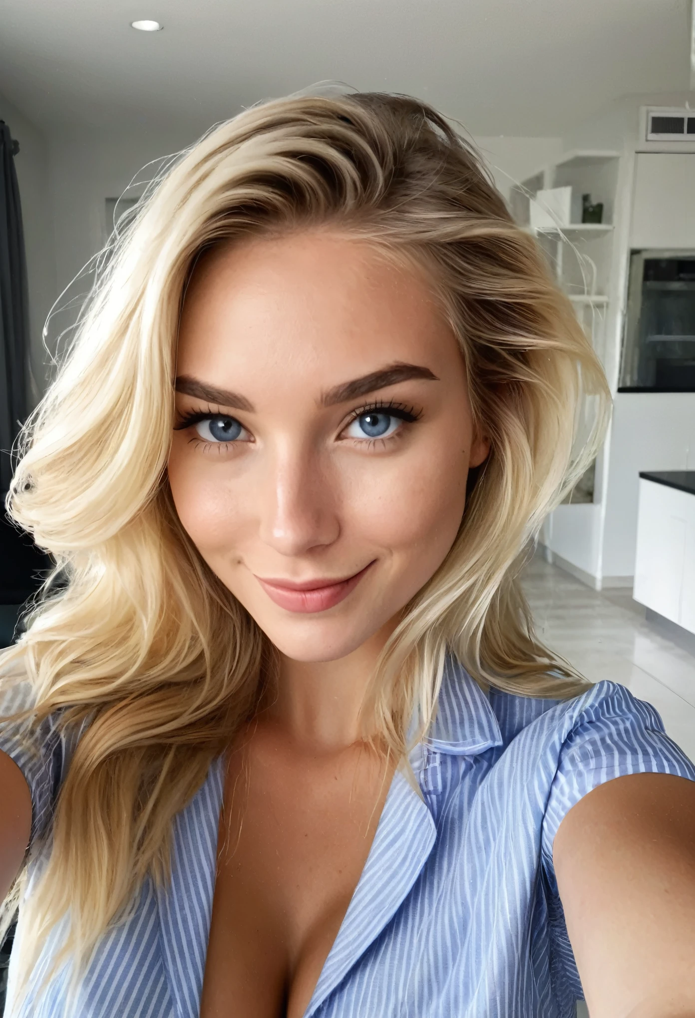 instagram selfie , a 22 year old gorgeous woman, in love with the viewer, happy smile , detailed skin face and eyes, natural lighting , at home , long thick blond hair, brown roots hair, brown eyebrows,, wearing white professional business attire, film grain, natural face, blue eyes, dark circles under eyes, cleavage, wide shoulders, fit body, natural makeup, thin waist