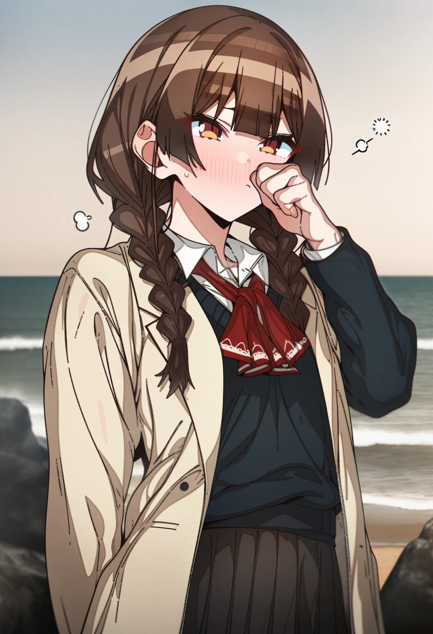 houshou_marine with brown eyes and brown hair, Artist, erere, Copyrights, idolmaster, idolmaster_shiny_colors, Character, General, 1girl, brown_hair, blunt_bangs, blush, medium_breasts, breasts, detailed eyelashes, beatiful girl:1, brown_eyes, censored, school_uniform, skirt, black pleated skirt:0.7, black blazer:0.5, white shirt, red tie, twin_braids, :|:0.5, (full_body) (standing in middle, beach, rocks), sky:0.7, half-closed_eyes, detailed, sand, outdoors, looking_at_viewer, masterpiece, best_quality, great_quality, girl, solo, center_composition, centered character, cute, rubbing_eyes, sleepy
