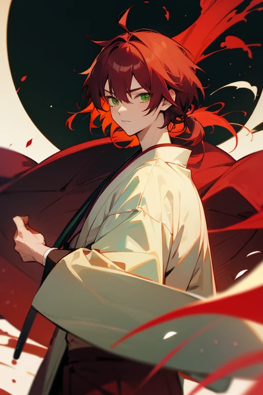 Anime boy, red wine haired boy, young boy, green almond eyes, japanese clothes, coloured Yukata, anime manga, samurai 2d, long hair in front, short hair in back