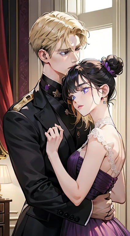 Couple, 1 girl 1 boy, different hair color, black bang bun hair and dark purple eyes, short blonde hair and dark green eyes, romance, brown suite, purple dress, UK,  luxury room background, face to face, romantic, glowing light, black hair girl, blonde boy.