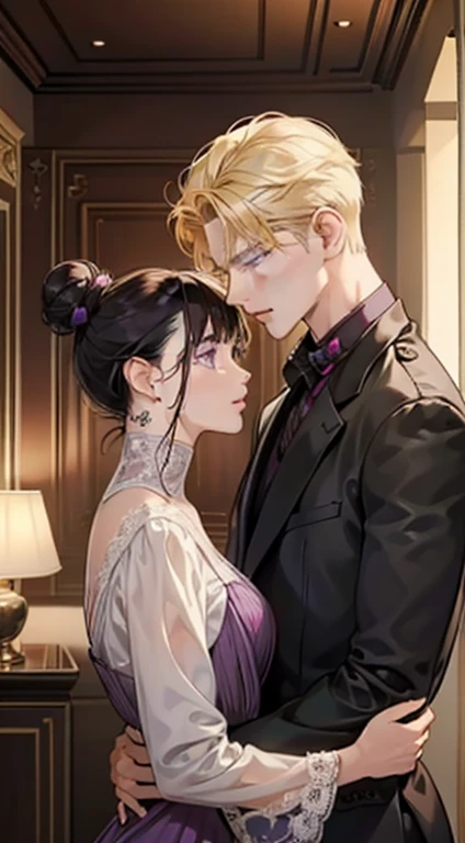 Couple, 1 girl 1 boy, different hair color, black bang bun hair and dark purple eyes, short blonde hair and dark green eyes, romance, brown suite, purple dress, UK, luxury room background, face to face, romantic, glowing light, black hair girl, blonde boy.