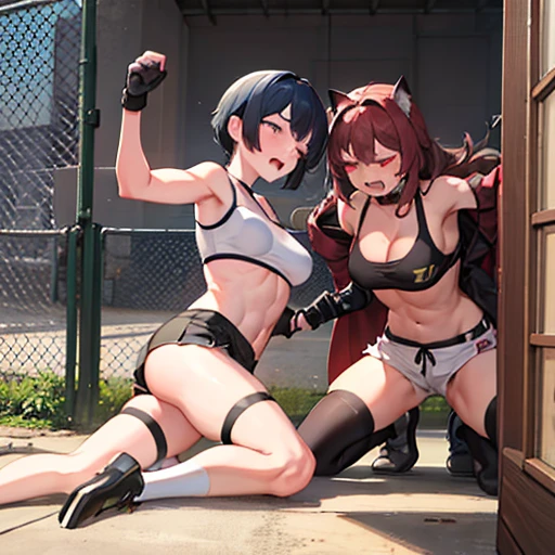 She is cornered in a wire fence, badly beaten by her opponent.dynamic battle action. She is wearing a sports-bra andhigh-leg shorts. Her opponent tries to kill her with a powerful punch. The girls are exhausted. Two young and beautiful Japanese female mixed martial artists are fighting in the octagon. They are smashing their fists against their opponents' bodies. They are covered in blood. Their mouths open, drooling, one eye closed, gasping for air. They are sweating profusely. Short-cut black hair. Open finger gloves. Erect nipples. Super big tits. Muscular. Six pack abs. Very thick arms and thighs.