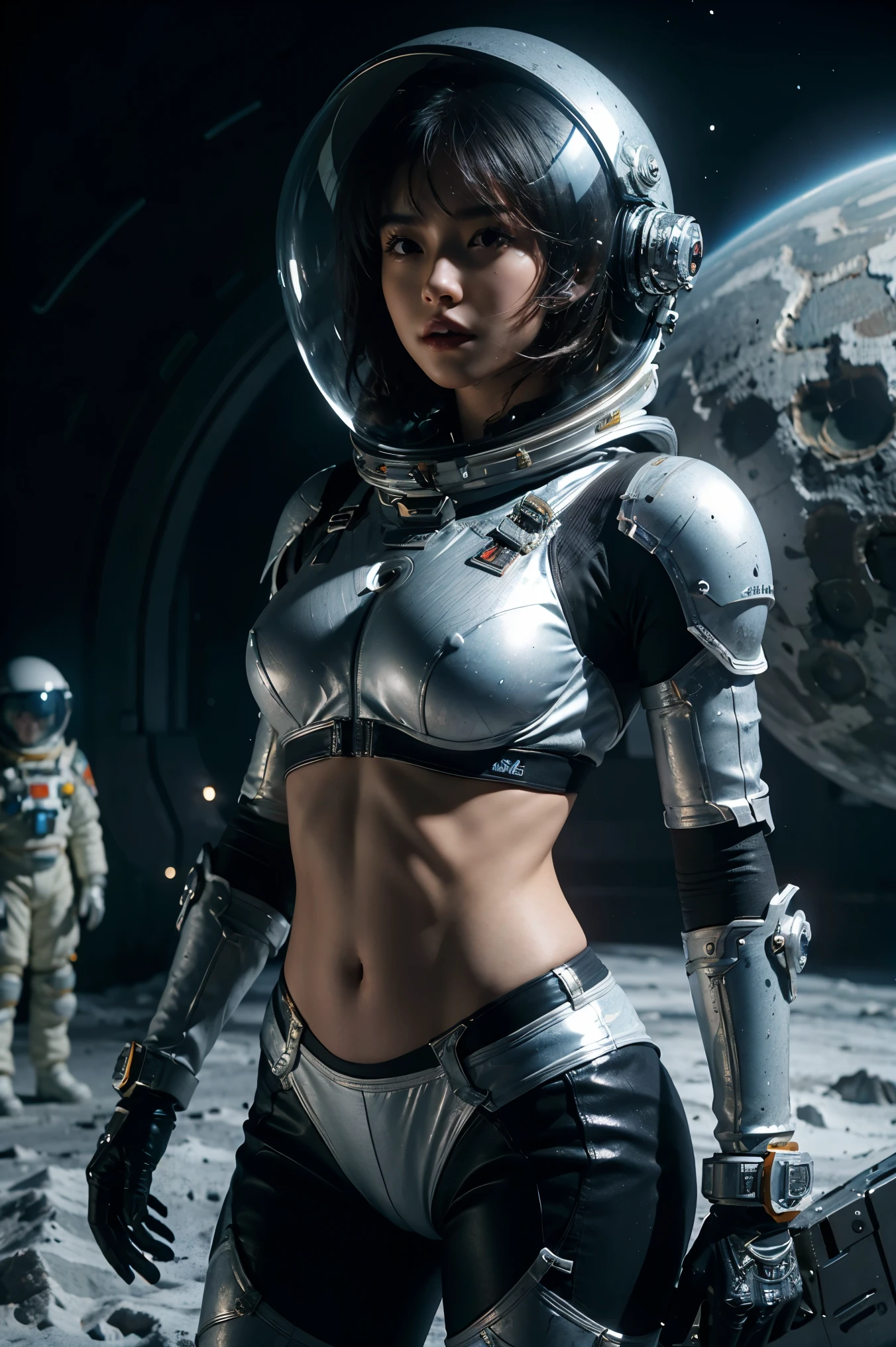 a girl in spacesuit, fully exposed midriff, bare waist,cowboy-shot, in outer space, desolate alien cold planet, Frosted,transparen space-helmet,Transparent full-face helmet ,((bikini top)),((metal Bikini armor)), sexy exposed midriff, full metallic armor, bare midriff and waist, open abdomen, fully exposed abdomen, cowboy-shot, realistic, photorealistic, high quality, 8k, extremely detailed, masterpiece, dynamic pose, dramatic lighting, cinematic, sci-fi, futuristic, vibrant colors