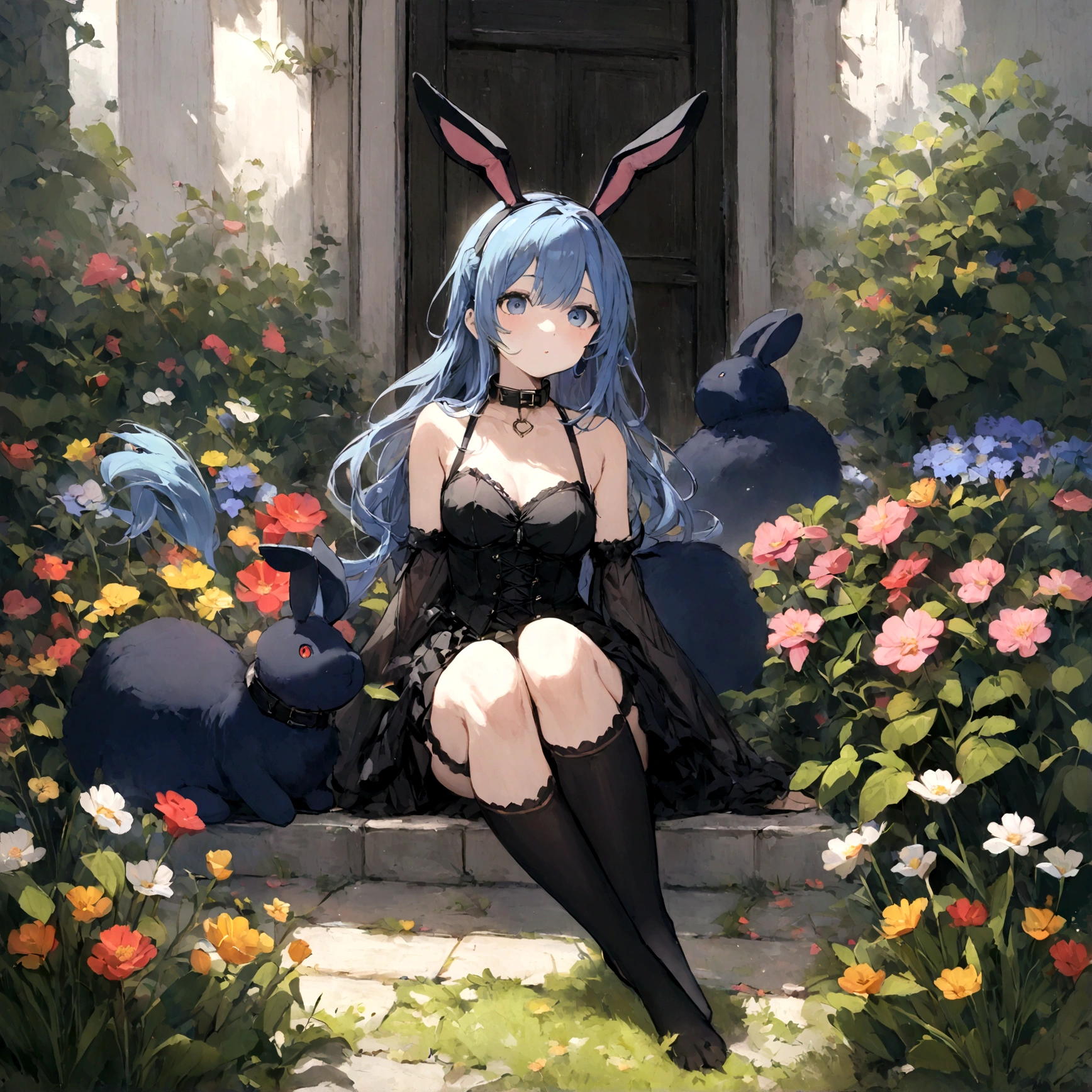a sexy female with long blue hair, has big fuzzy bunny ears, has a bunny tail, wearing a black corset, wearing a black mini skirt, has a dark blue dog collar on, wearing cute thigh high socks, relaxing on knees, solo, alone, (SOLO)ALONE), no dogs, single girl, on knees, outside in a garden surrounded by multi colored flowers of all sorts