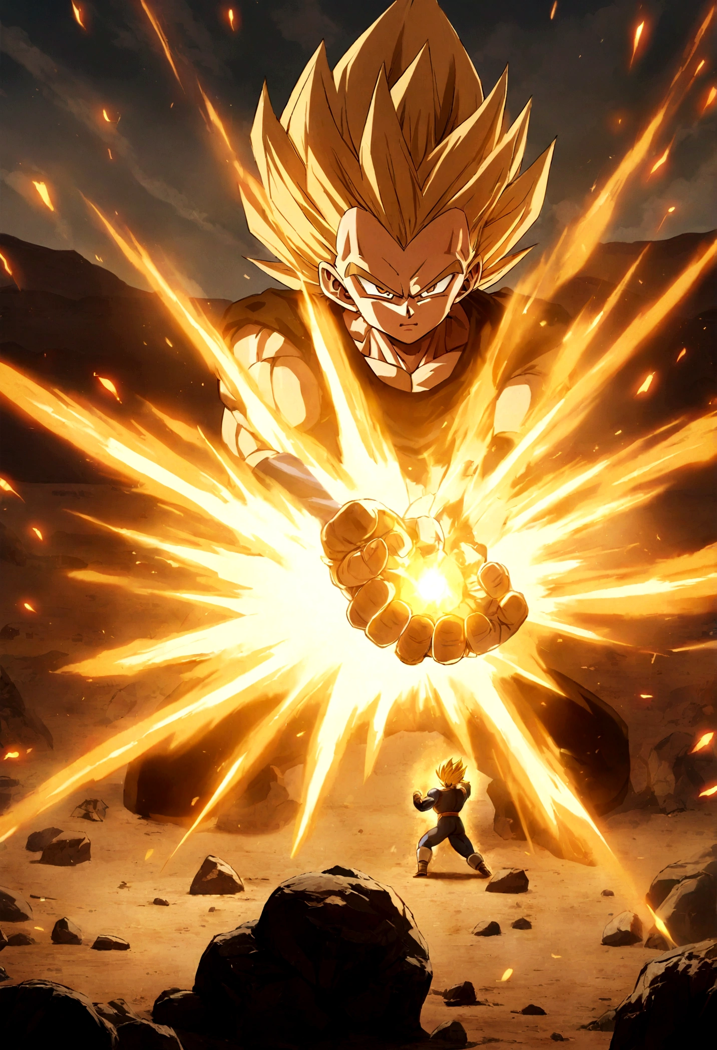Draw an epic fight scene between Goku and Vegeta, where Goku is launching a Kamehameha while Vegeta defends himself with a Final Flash. They are both in their Super Saiyan forms, in a desert setting with rocks and glowing energy around them