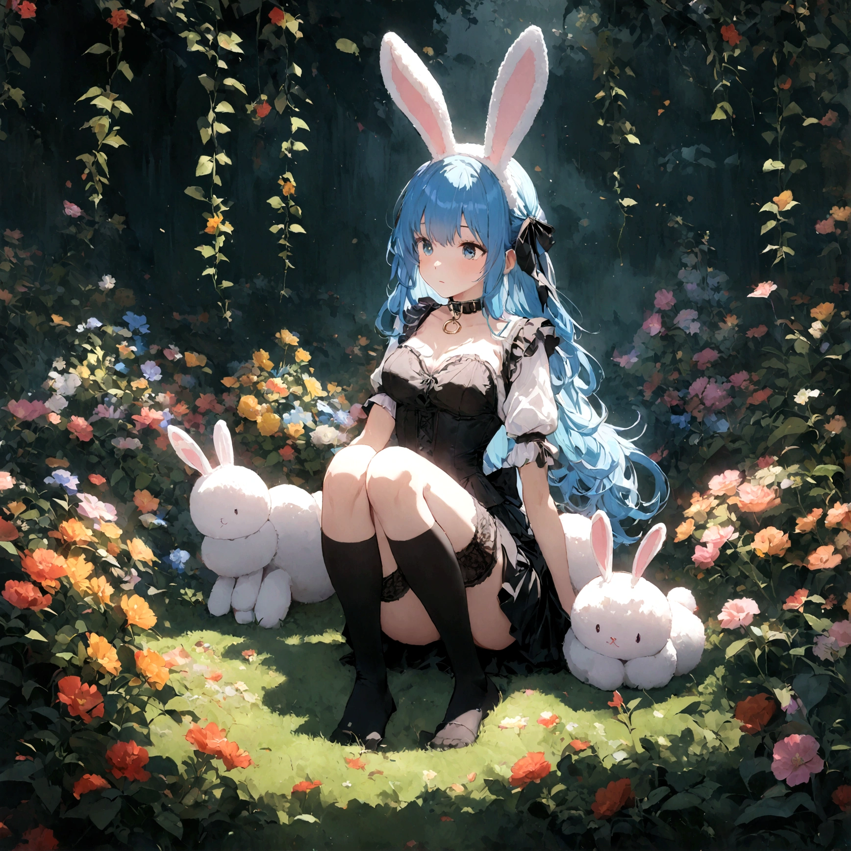 a sexy female with long blue hair, has big fuzzy bunny ears, has a bunny tail, wearing a black corset, wearing a black mini skirt, has a dark blue dog collar on, wearing cute thigh high socks, relaxing on knees, solo, alone, (SOLO)ALONE), no dogs, single girl, on knees, outside in a garden surrounded by multi colored flowers of all sorts