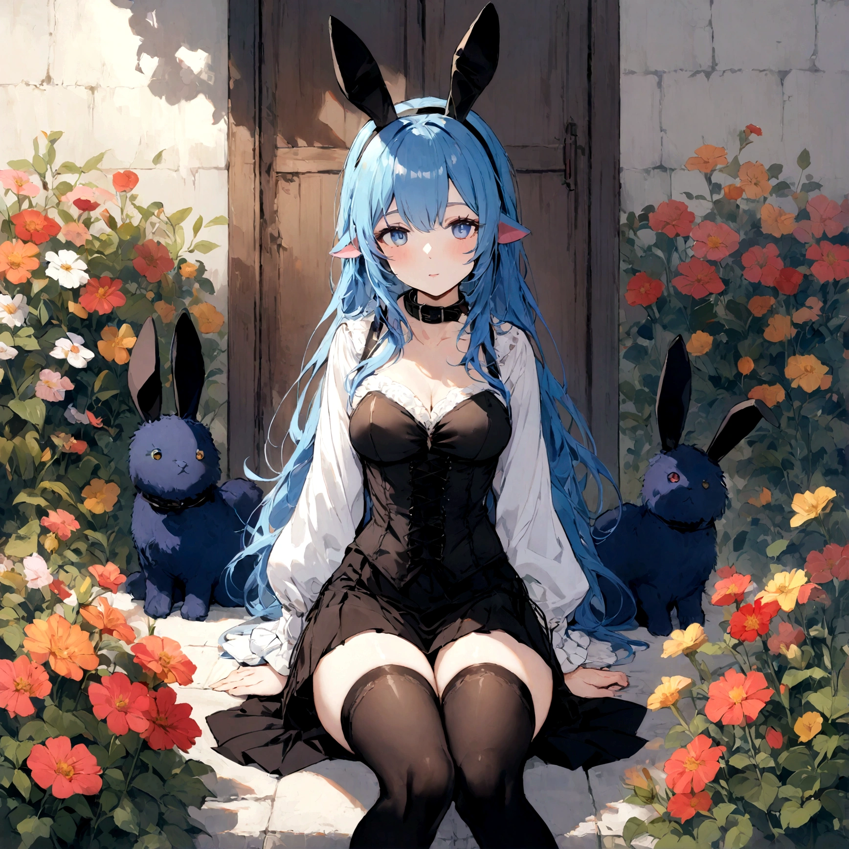 a sexy female with long blue hair, has big fuzzy bunny ears, has a bunny tail, wearing a black corset, wearing a black mini skirt, has a dark blue dog collar on, wearing cute thigh high socks, relaxing on knees, solo, alone, (SOLO)ALONE), no dogs, single girl, on knees, outside in a garden surrounded by multi colored flowers of all sorts