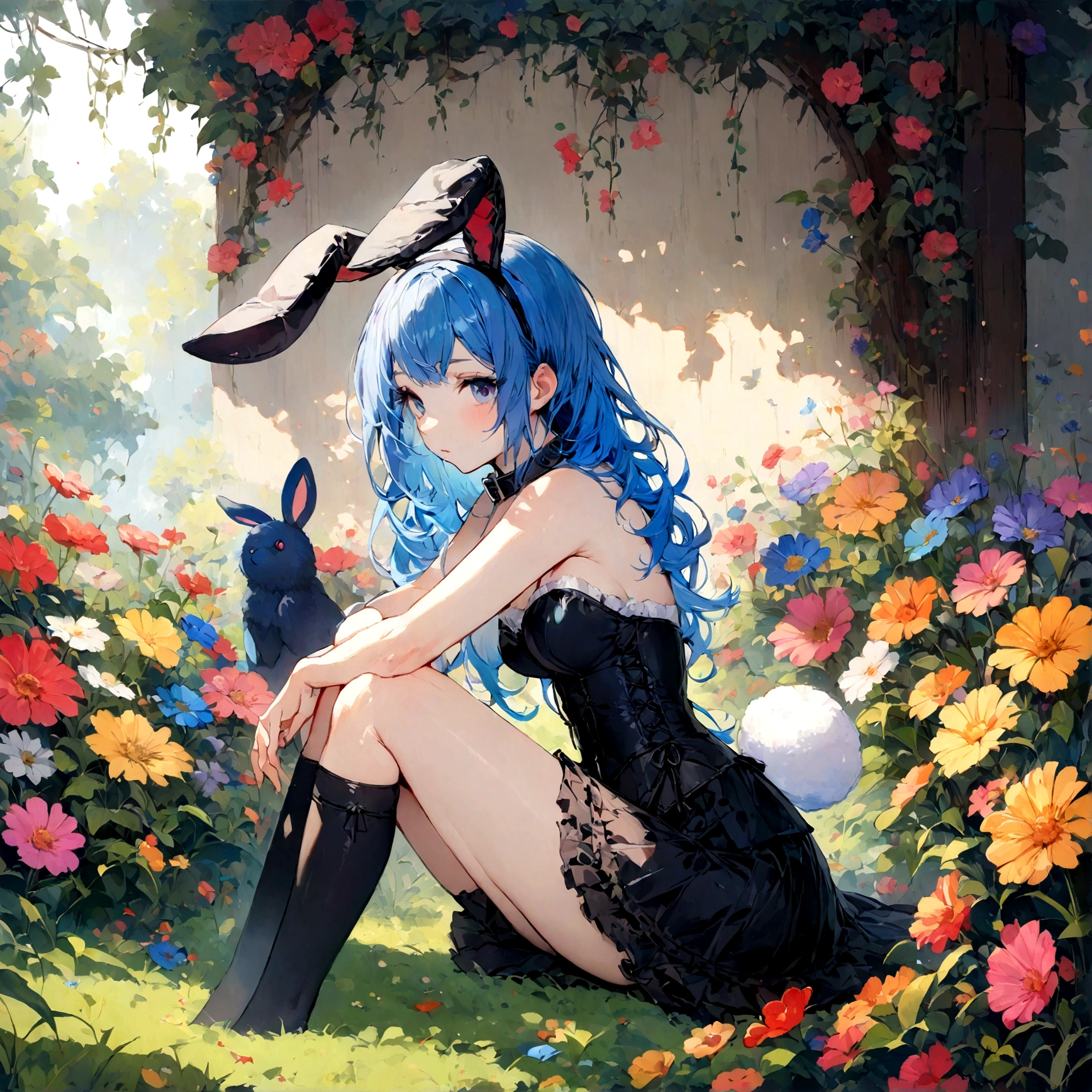 a sexy female with long blue hair, has big fuzzy bunny ears, has a bunny tail, wearing a black corset, wearing a black mini skirt, has a dark blue dog collar on, wearing cute thigh high socks, relaxing on knees, solo, alone, (SOLO)ALONE), no dogs, single girl, on knees, outside in a garden surrounded by multi colored flowers of all sorts