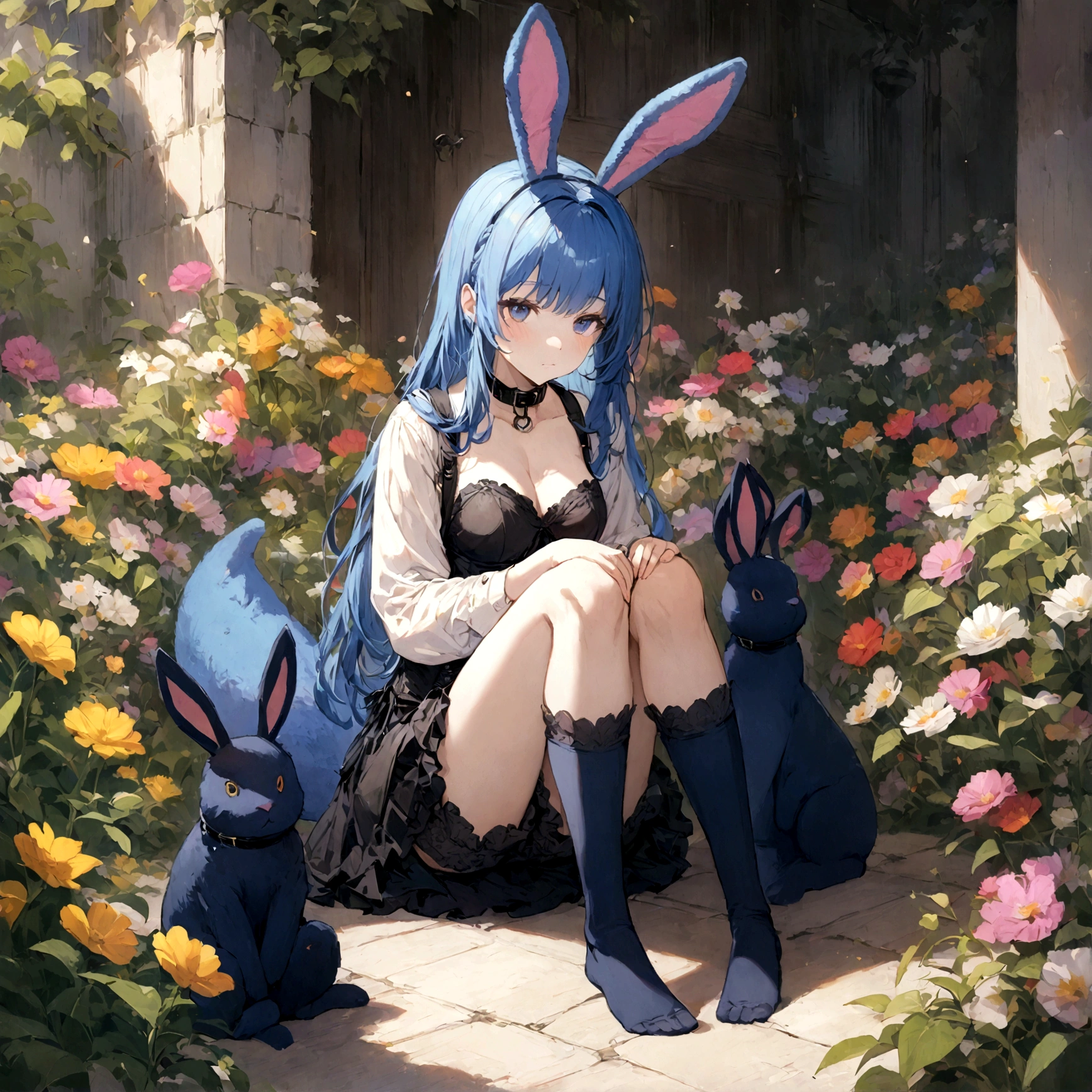 a sexy female with long blue hair, has big fuzzy bunny ears, has a bunny tail, wearing a black corset, wearing a black mini skirt, has a dark blue dog collar on, wearing cute thigh high socks, relaxing on knees, solo, alone, (SOLO)ALONE), no dogs, single girl, on knees, outside in a garden surrounded by multi colored flowers of all sorts