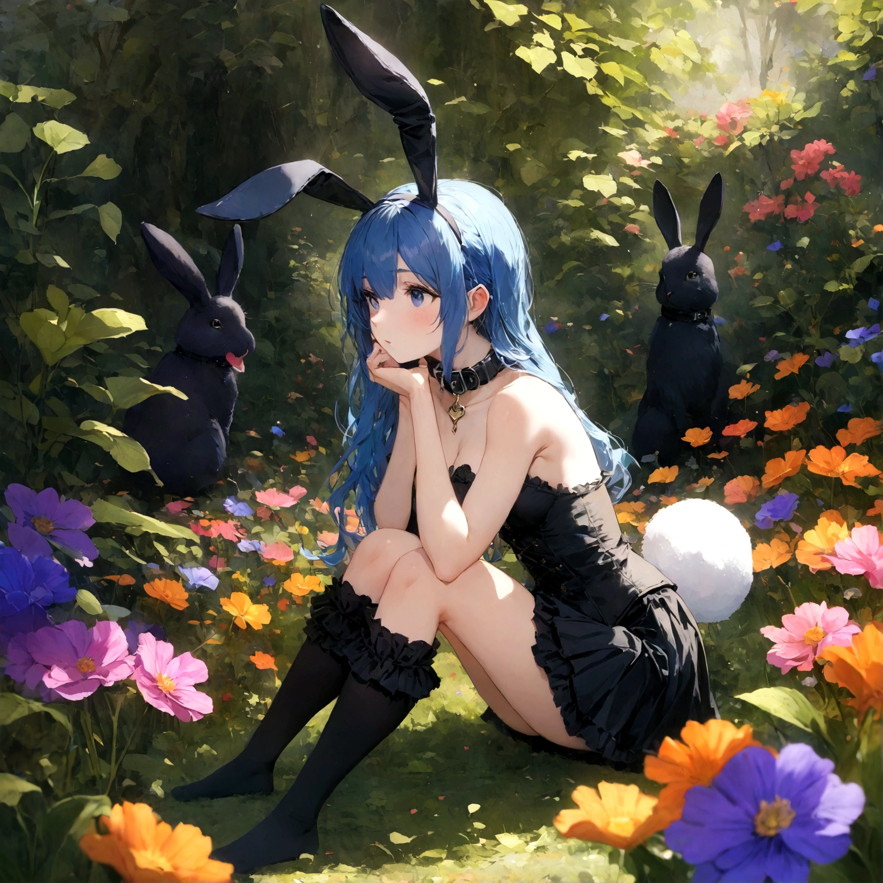 a sexy female with long blue hair, has big fuzzy bunny ears, has a bunny tail, wearing a black corset, wearing a black mini skirt, has a dark blue dog collar on, wearing cute thigh high socks, relaxing on knees, solo, alone, (SOLO)ALONE), no dogs, single girl, on knees, outside in a garden surrounded by multi colored flowers of all sorts