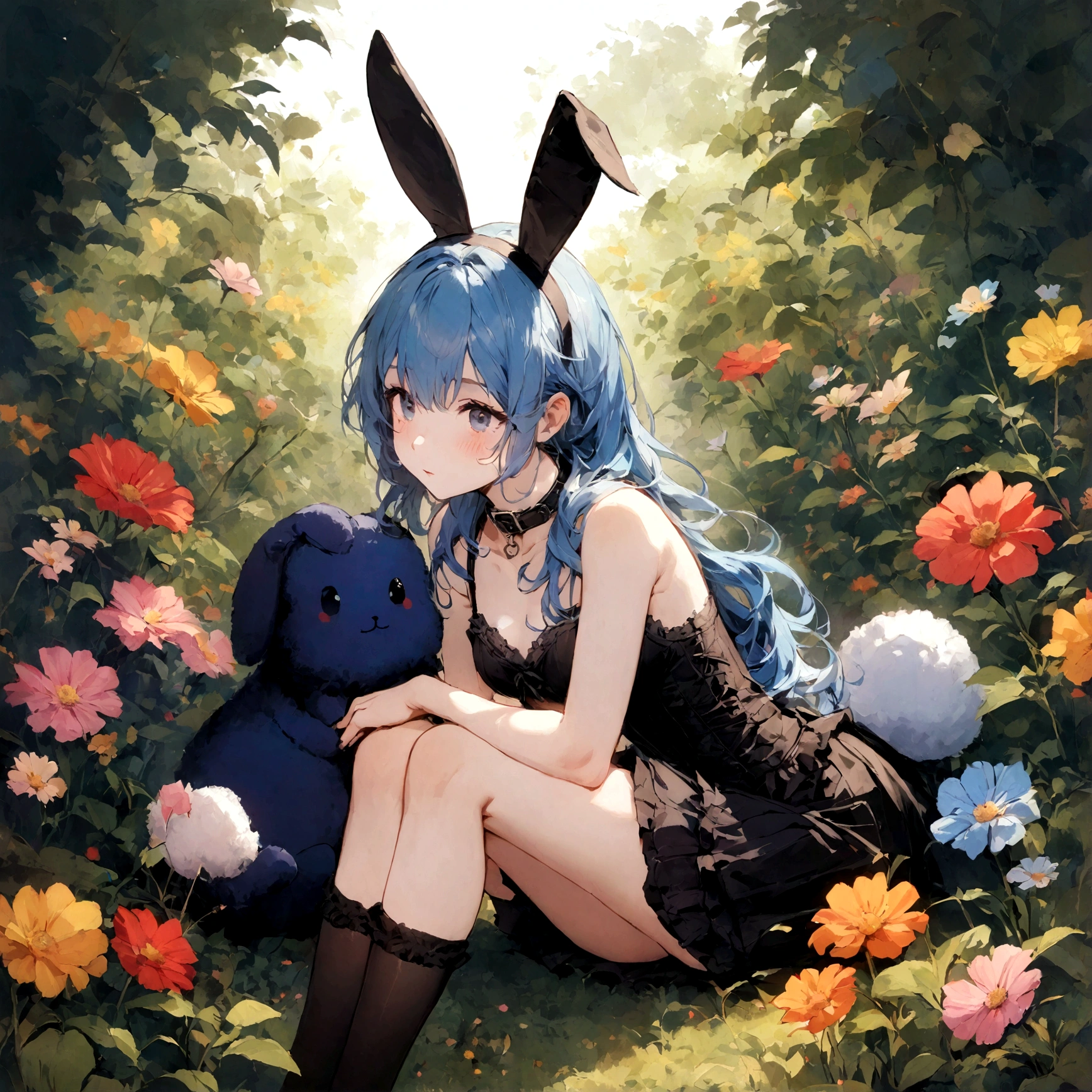 a sexy female with long blue hair, has big fuzzy bunny ears, has a bunny tail, wearing a black corset, wearing a black mini skirt, has a dark blue dog collar on, wearing cute thigh high socks, relaxing on knees, solo, alone, (SOLO)ALONE), no dogs, single girl, on knees, outside in a garden surrounded by multi colored flowers of all sorts