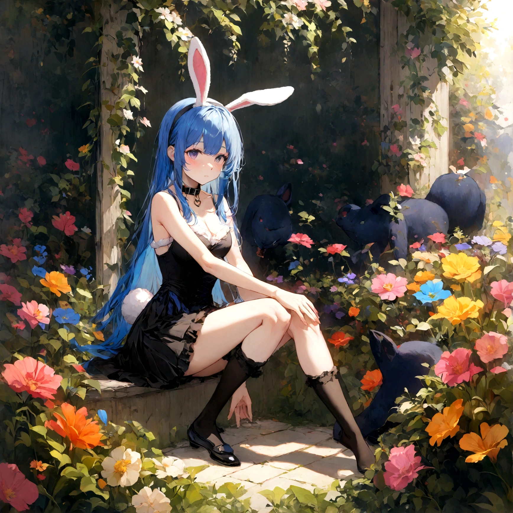 a sexy female with long blue hair, has big fuzzy bunny ears, has a bunny tail, wearing a black corset, wearing a black mini skirt, has a dark blue dog collar on, wearing cute thigh high socks, relaxing on knees, solo, alone, (SOLO)ALONE), no dogs, single girl, on knees, outside in a garden surrounded by multi colored flowers of all sorts
