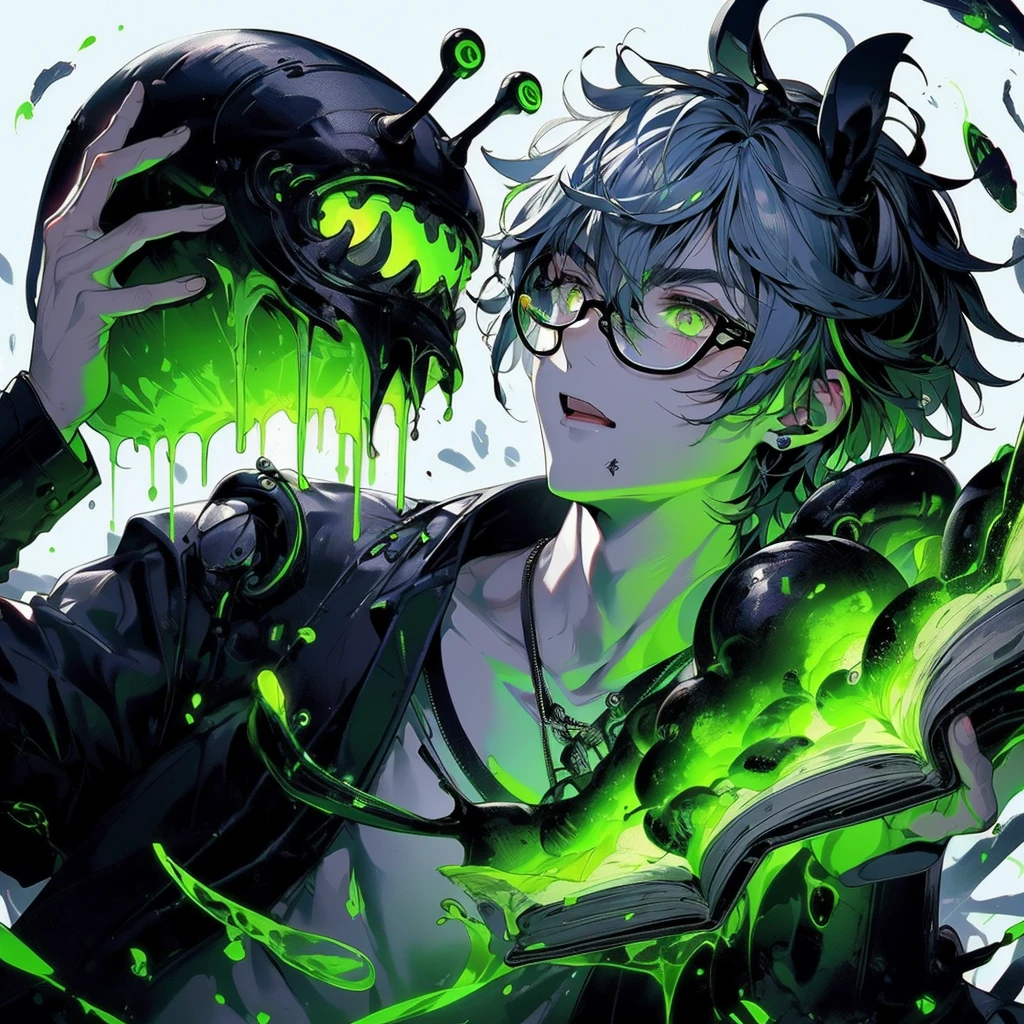 artegem Ouka_Niji 5+ OC Androgynous muscular.1, women glasses nerd preto pasterizado Androgynous gosma green neon viva, cabelo cinza crepuscular, segurando uma lesma gigante preta com rosto, olhos grandes, jogando na parede com uma forma, posicionamento de ataque, Nijiexpressive_6, detalhes neon, high level of pasteurization, acabamento nos detalhes com efeito crepusculo e 2D com efeitos 3D ao redor, ar---16:9, portal energetico dimensional art cover neon