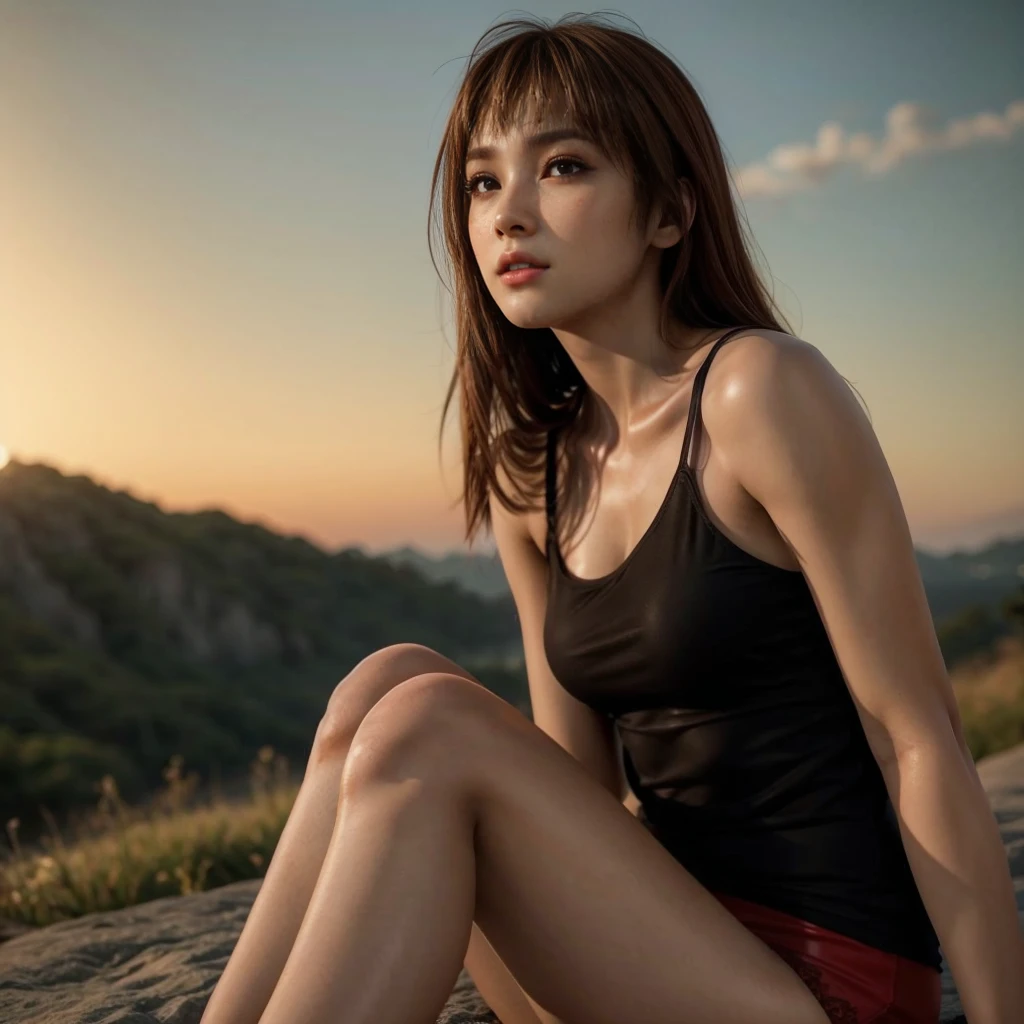 Kasumi, brown eyes, (best quality, ultra-detailed), (realistic:1.37), beautiful and detailed face, ultra-realistic texture, delicate face, delicate body, red lipstick, bright colors. High definition, 8K, well defined legs. 