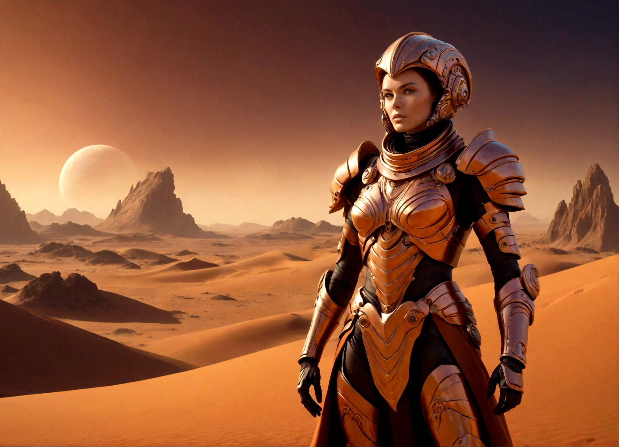 a warrior queen on Mars, Dune-style, highly detailed armor, futuristic Martian landscape, dramatic lighting, cinematic composition, intricate mechanical details, vibrant colors, science fiction, photorealistic