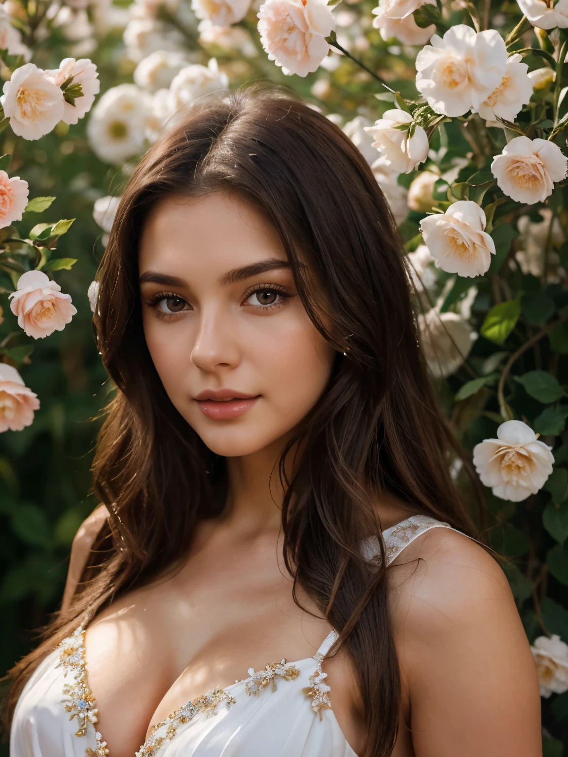 Beautiful ,23 years young girl, confident looking,8k,realistic,dark brown hair,fair skin, Caucasian ,long hair, clear facial features, wearing beautiful dress and flowers 🌷🌹and hairs on face make it seductive effect, deep cleavage 