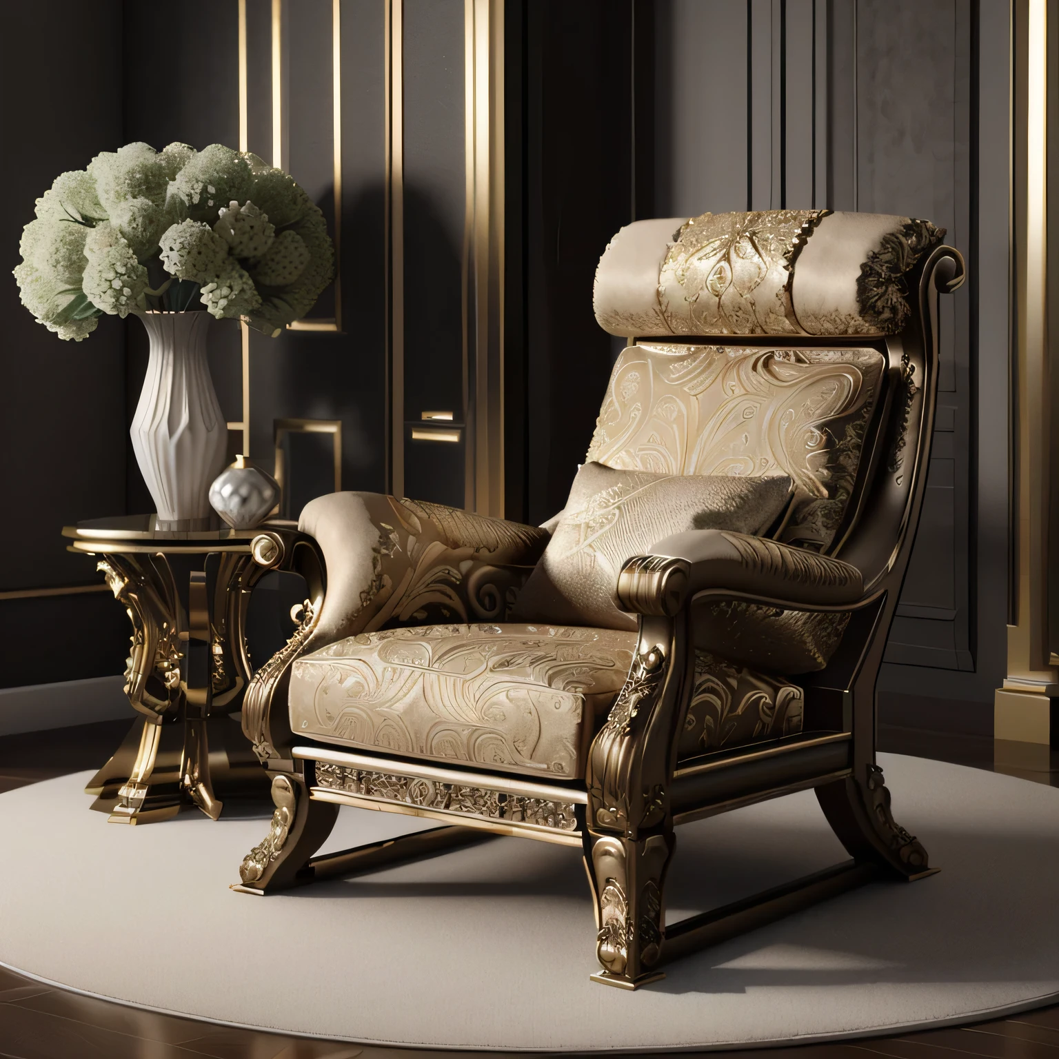 there is a chair and a table in a room, elegant render, elegant furniture, luxury hd render, luxury furniture, hyper realistic detailed render, hyper-realistic render, hyper - realistic render, highly detailed render, hyper realistic render, hyperrealistic render, high quality 3 d render, high quality 3d render, 3 d hyper realistic render, photorealistic render